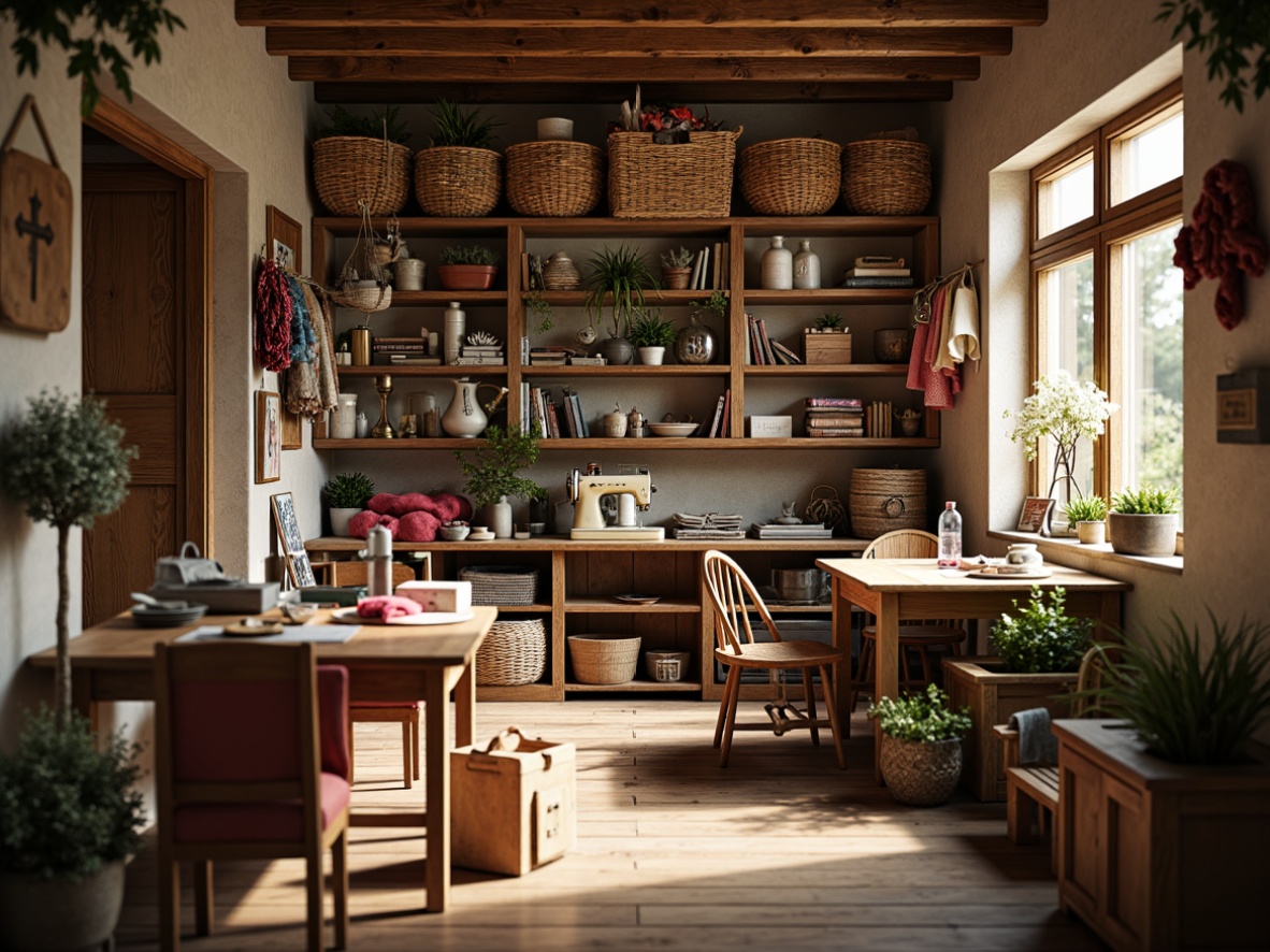 Prompt: Cozy craft room, natural wood furniture, woven baskets, vintage sewing machines, colorful yarns, assorted fabrics, eclectic textiles, rustic wooden tables, comfortable cushioned chairs, soft warm lighting, shallow depth of field, 3/4 composition, panoramic view, realistic textures, ambient occlusion.