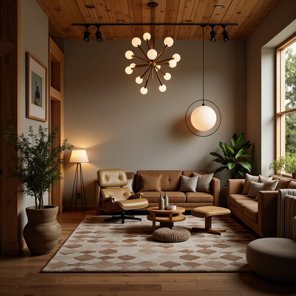 Prompt: Warm mid-century modern living room, cozy atmosphere, iconic Eames lounge chair, wooden coffee table, geometric patterned rug, statement lighting fixtures, sputnik chandelier, globe pendant lights, minimalist floor lamps, warm brass tones, creamy white shades, soft ambient glow, 1/1 composition, shallow depth of field, realistic textures, natural materials, organic shapes, earthy color palette.