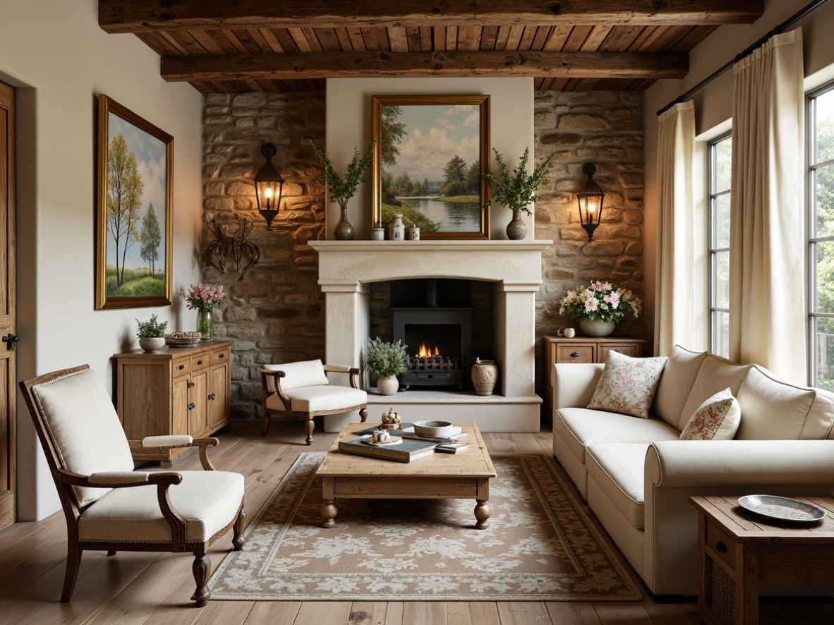 Prompt: Rustic stone walls, distressed wooden beams, vintage decorative accents, soft warm lighting, elegant cream-colored furniture, ornate gold frames, traditional French country patterns, toile fabrics, lace trimmings, antique artifacts, natural fiber rugs, earthy color palette, floral arrangements, rustic metal lanterns, worn brick fireplaces, cozy nooks, classic oil paintings, aged wooden shutters, distressed finishes, soft pastel hues, charming countryside views.