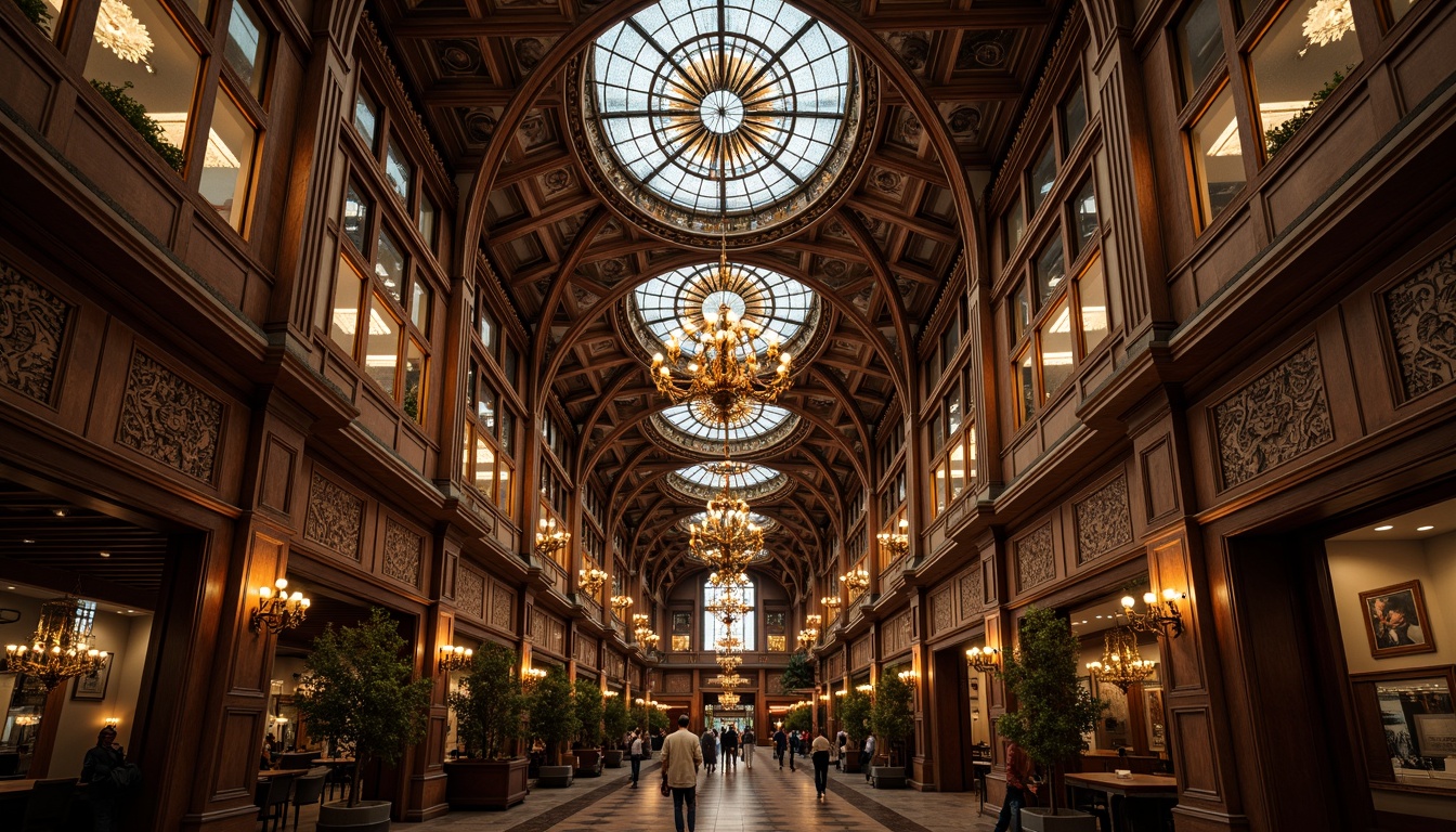 Prompt: Intricate vaulted ceiling, ornate ribbed arches, stained glass skylights, dramatic chandeliers, rich wood paneling, grandiose columns, elegant Gothic Revival architecture, soaring vertical spaces, soft warm lighting, subtle shadows, 1/1 composition, realistic textures, ambient occlusion.