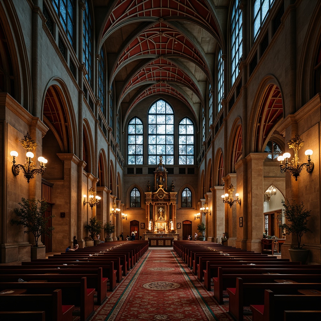 Prompt: Soaring arches, ribbed vaults, stained glass windows, intricate stone carvings, grandiose chandeliers, ornate wooden pews, lavish drapery, rich velvet fabrics, mysterious ambiance, soft warm lighting, dramatic shadows, 3/4 composition, symmetrical framing, atmospheric perspective, realistic textures, ambient occlusion.