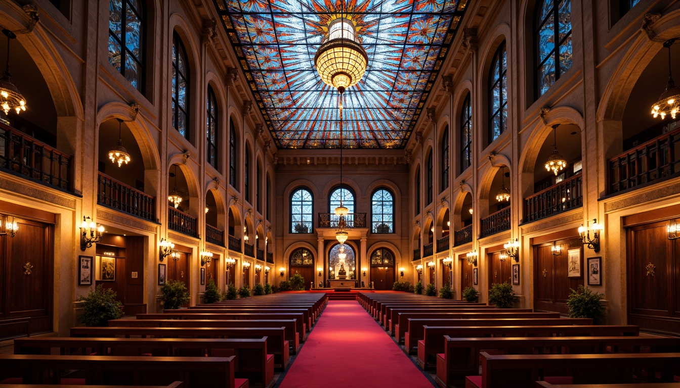 Prompt: Vibrant stained glass ceiling, kaleidoscope colors, intricate medieval patterns, grandiose auditorium, ornate chandeliers, luxurious red carpet, opulent wooden pews, majestic vaulted arches, ribbed stone walls, dramatic spotlights, warm golden lighting, high contrast ratio, cinematic atmosphere, 1/2 composition, symmetrical framing, realistic reflections, ambient occlusion.