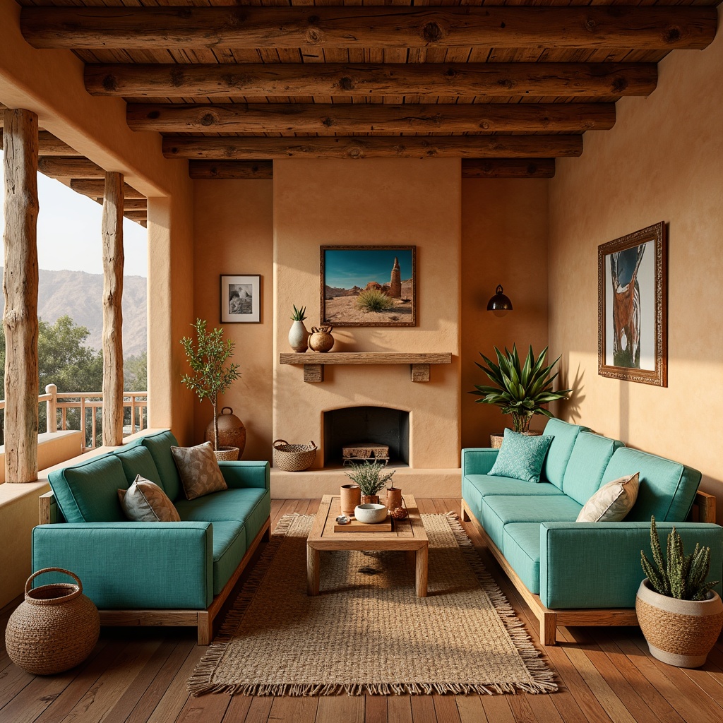 Prompt: Rustic southwestern apartment, earthy tone walls, wooden flooring, comfortable sectional sofas, vibrant turquoise accents, woven baskets, rattan coffee tables, natural fiber rugs, potted cacti, warm golden lighting, shallow depth of field, 1/1 composition, realistic textures, ambient occlusion.