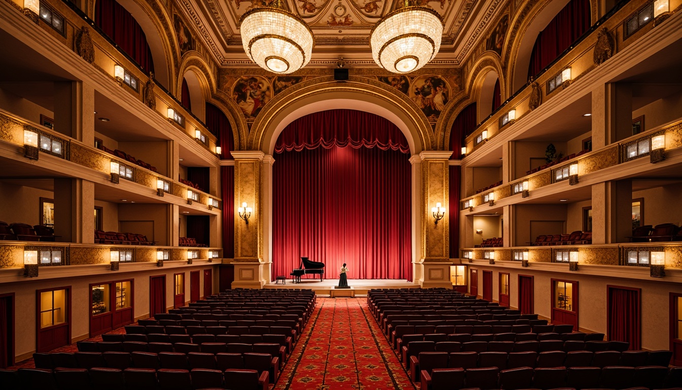 Prompt: Elegant auditorium, ornate chandeliers, plush velvet curtains, rich wood paneling, intricate moldings, decorative railings, luxurious seating, vibrant red carpets, sophisticated sound systems, dramatic stage lighting, grand pianos, refined acoustics, warm golden tones, opulent drapery, majestic high ceilings, sweeping archways, ornamental balconies, lavish furnishings, detailed frescoes, regal atmosphere, soft warm glow, shallow depth of field, 1/1 composition, realistic textures.