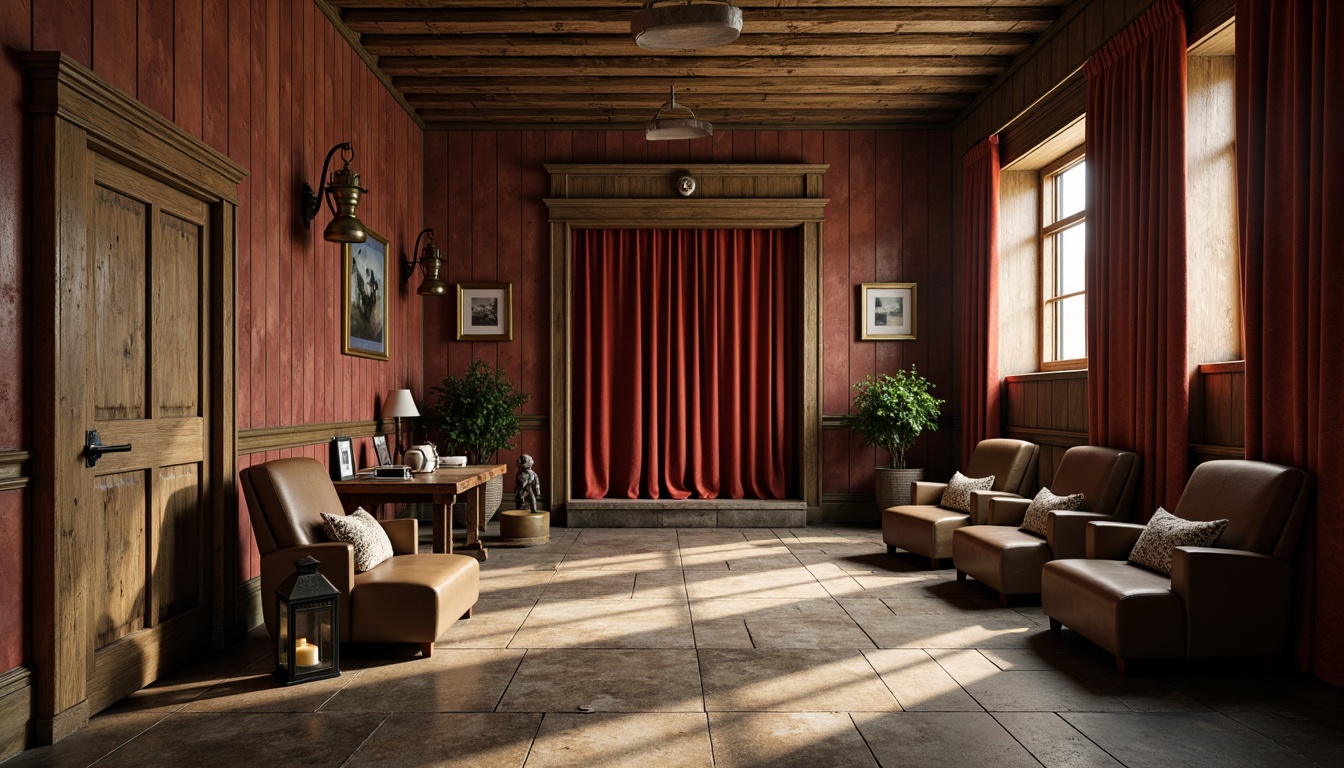 Prompt: Rustic cinema interior, vintage movie props, distressed wooden walls, reclaimed barn doors, earthy color palette, natural stone flooring, plush velvet curtains, antique metal lanterns, worn leather armchairs, ornate wooden trim, decorative metal accents, warm soft lighting, shallow depth of field, 1/1 composition, cinematic camera angles, realistic textures, ambient occlusion.