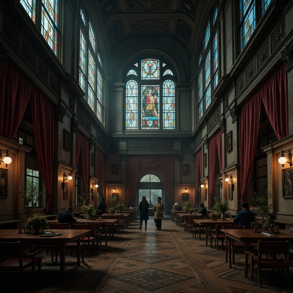 Prompt: Dark academia atmosphere, mysterious ancient Gothic architecture, ornate stone carvings, grandiose high ceilings, stained glass windows, rich wood tones, polished wooden floors, intricate parquetry patterns, luxurious velvet drapes, dim warm lighting, atmospheric fog, eerie silence, dramatic shadows, 1/1 composition, low-angle shot, cinematic mood.