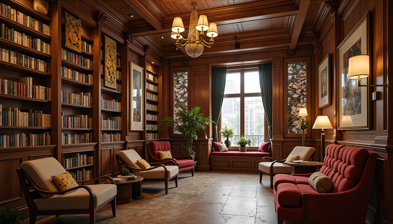 Prompt: Cozy book nooks, plush armchairs, wooden paneling, rich leather upholstery, warm golden lighting, ornate wooden shelves, vintage bookstore atmosphere, classic literature displays, comfortable reading areas, soft velvet pillows, elegant chandeliers, floor-to-ceiling bookcases, intricate moldings, sophisticated color palette, inviting window seats, peaceful ambiance, natural stone flooring, warm beige tones, soft background music, 1/1 composition, shallow depth of field, realistic textures.