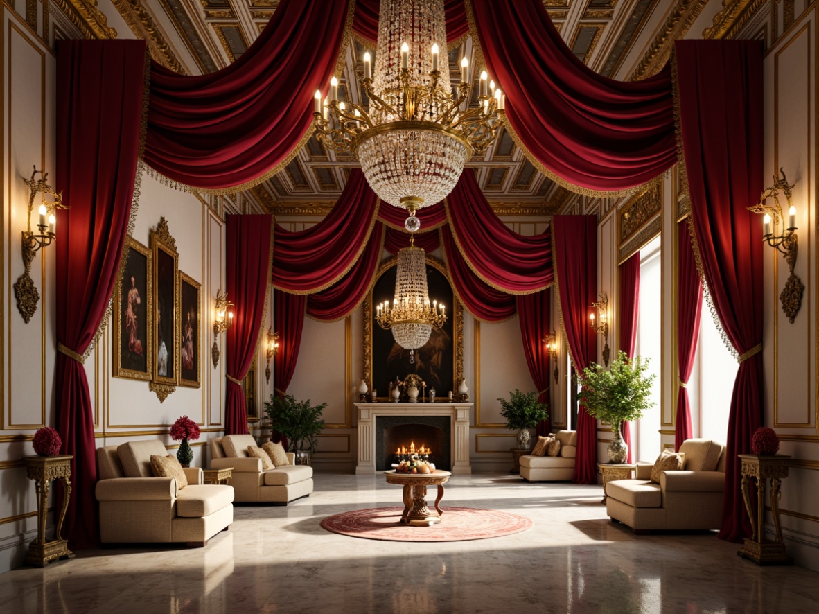 Prompt: Opulent Baroque interior, rich velvet drapes, ornate gold accents, lavish crystal chandeliers, intricate wood carvings, luxurious marble floors, warm candlelight, dramatic shadows, bold red and gold color scheme, deep berry tones, soft cream hues, lavish furnishings, regal atmosphere, Renaissance-inspired patterns, elegant curves, sophisticated textures, high-contrast lighting, 1/1 composition, realistic reflections.