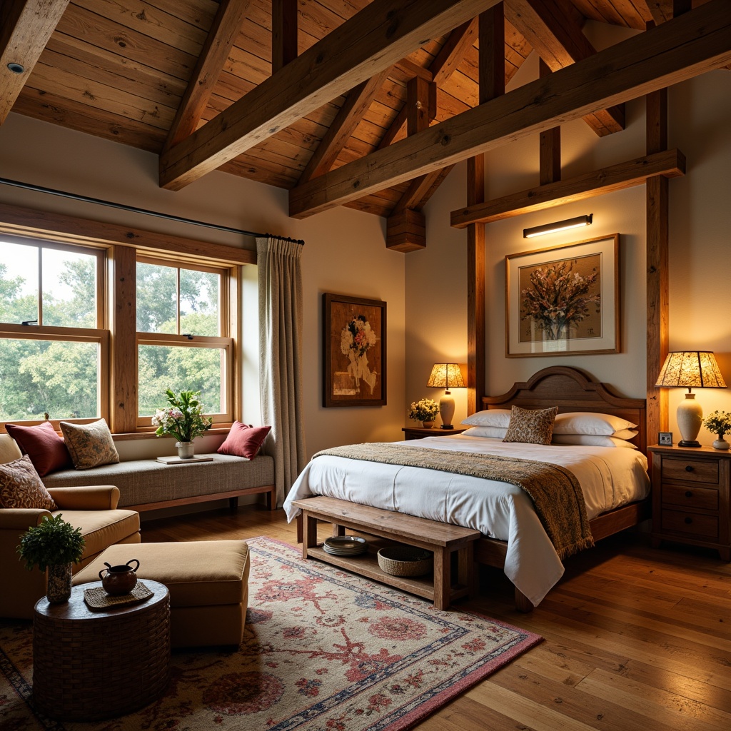 Prompt: Cozy craftsman bedroom, rustic wooden furniture, plush velvet upholstery, warm beige walls, soft golden lighting, woven basket lamps, natural stone fireplace, comfy reading nook, oversized armchair, rich woodgrain textures, earthy color palette, handmade ceramics, vintage metal fixtures, distressed wood accents, floral patterned rug, warm neutral tones, inviting atmosphere, 1/1 composition, shallow depth of field, soft focus effect.