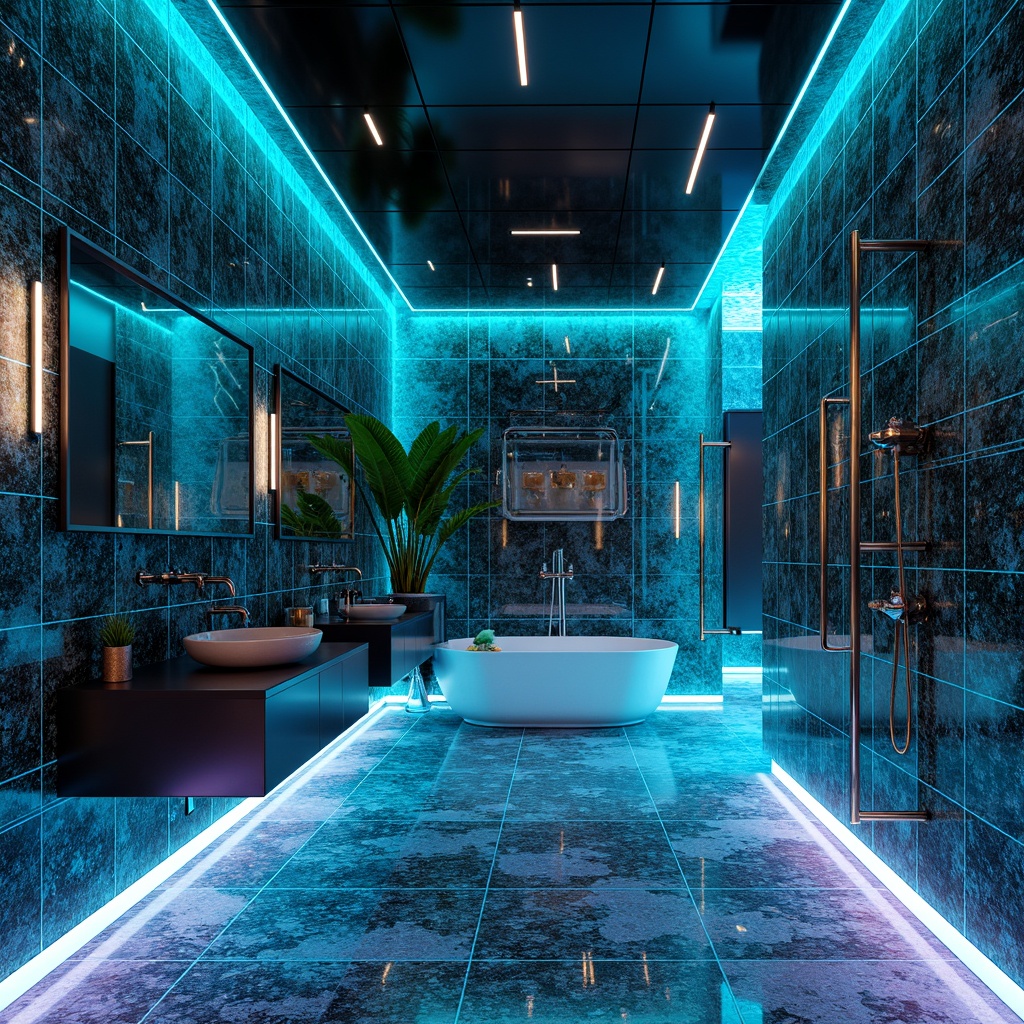 Prompt: Futuristic bathroom, sleek metal fixtures, glossy glass surfaces, iridescent tiles, holographic patterns, neon-lit mirrors, LED lighting, minimalist design, eco-friendly materials, water-efficient systems, rainfall showerheads, heated floors, ambient occlusion, soft focus, shallow depth of field, 1/1 composition, realistic textures, futuristic ambiance.