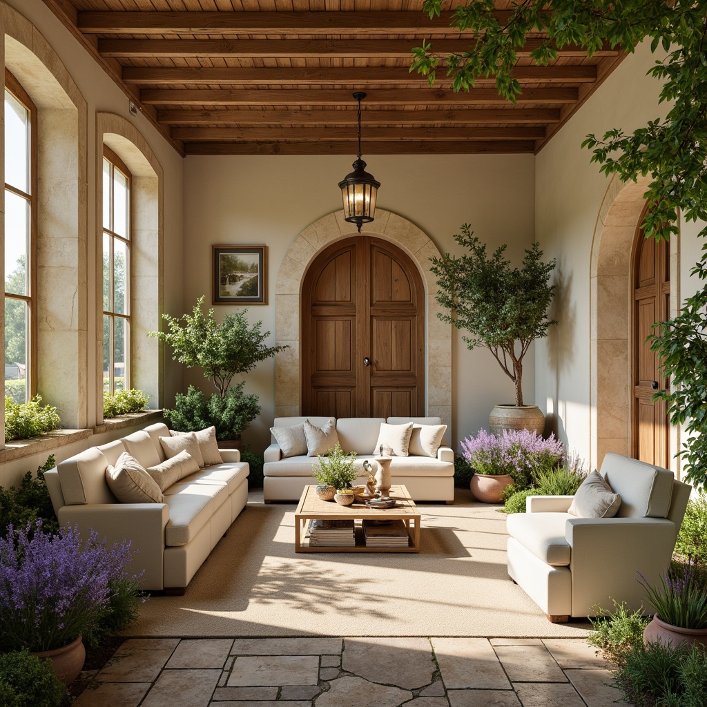 Prompt: Rustic French country estate, soft warm beige walls, distressed wood accents, elegant cream furnishings, vintage gold hardware, ornate metalwork, lush greenery, blooming lavender, sun-kissed terracotta pots, weathered stone pathways, classic neutral color palette, earthy tones, muted pastels, warm golden lighting, soft focus, 1/1 composition, intimate atmosphere, natural textures, subtle ambient occlusion.