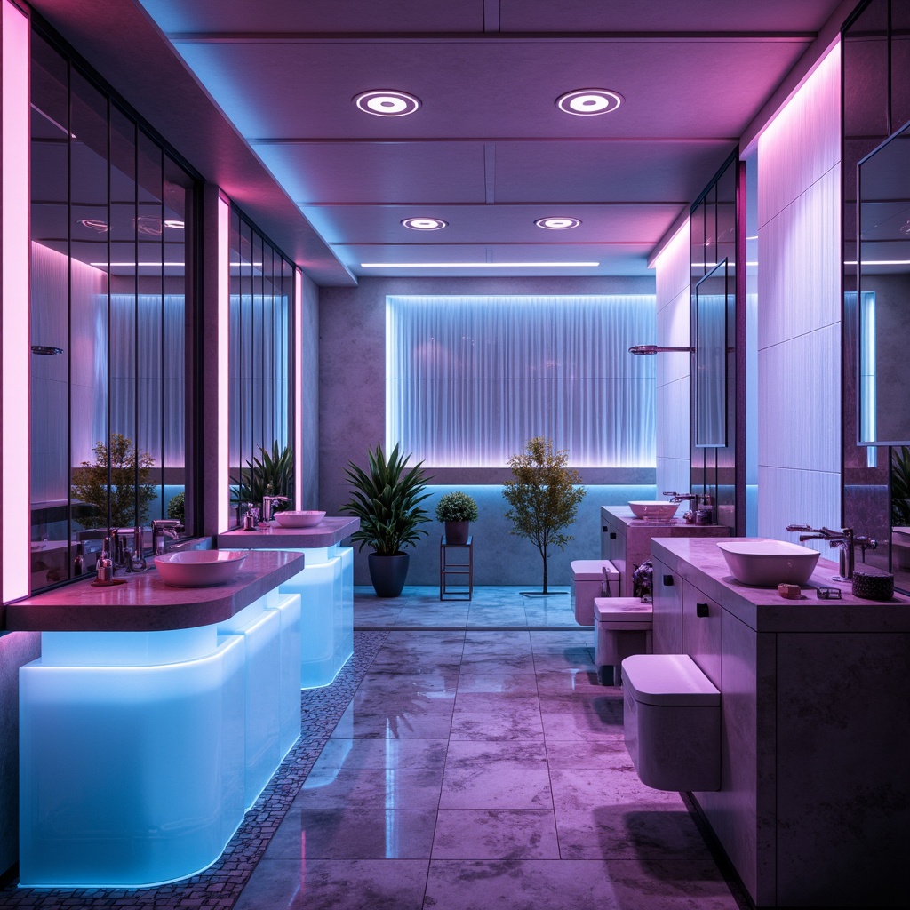 Prompt: Futuristic bathroom, neon-lit ambiance, glowing LED strips, crystal-clear glass walls, minimalist chrome fixtures, sleek waterfall countertops, ambient misting systems, soft luminescent flooring, iridescent tile patterns, holographic mirrors, 3D-printed sink basins, angular shower enclosures, rain showerheads, color-shifting mood lighting, warm gentle glow, shallow depth of field, 1/1 composition, futuristic faucet designs, metallic accents, glossy finishes, luxurious textiles.