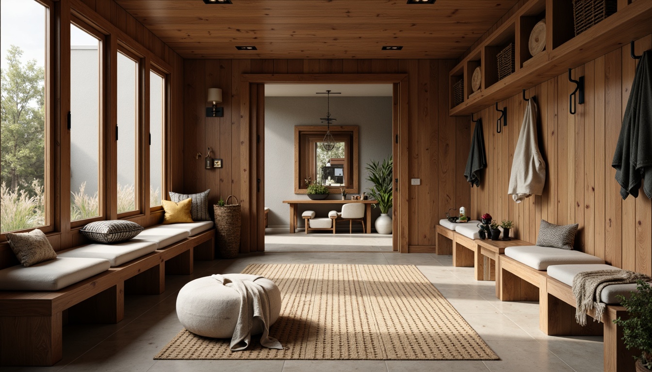 Prompt: Luxurious mudroom, stylish benches, plush cushions, rich wood tones, metal accents, modern minimalist design, cozy atmosphere, soft warm lighting, natural stone flooring, woven baskets, elegant hooks, rustic charm, earthy color palette, shallow depth of field, 1/1 composition, realistic textures, ambient occlusion.