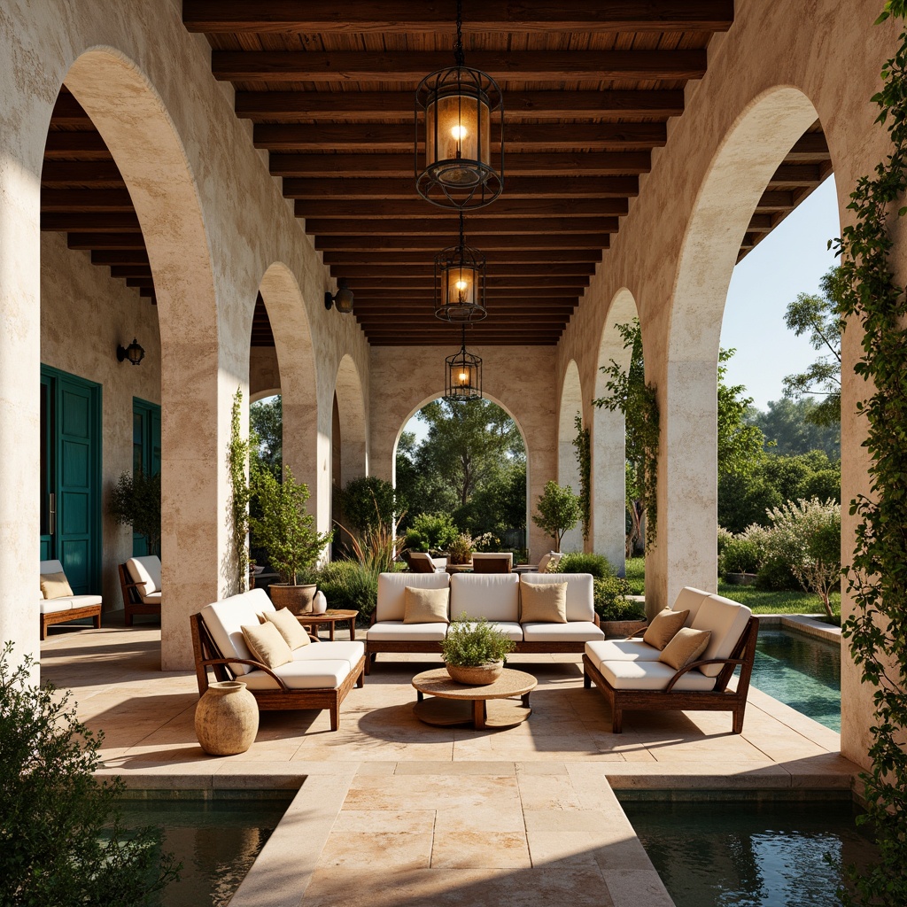 Prompt: Warm Mediterranean villa, rustic stone walls, curved archways, ornate metalwork, vibrant turquoise accents, lush greenery, blooming flowers, soft warm lighting, pendant lanterns, wrought iron chandeliers, distressed wood beams, terracotta flooring, cozy outdoor seating areas, serene water features, natural textiles, earthy color palette, shallow depth of field, 1/1 composition, realistic ambient occlusion.