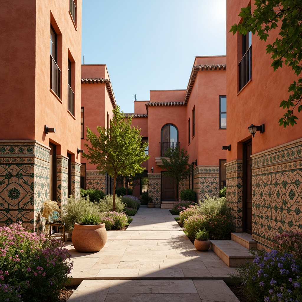 Prompt: Warm terracotta buildings, rustic stone walls, ornate ceramic tiles, vibrant turquoise accents, soft beige stucco, rich wood tones, intricate Moorish patterns, lush greenery, blooming flowers, sunny Mediterranean day, warm golden lighting, shallow depth of field, 3/4 composition, panoramic view, realistic textures, ambient occlusion.