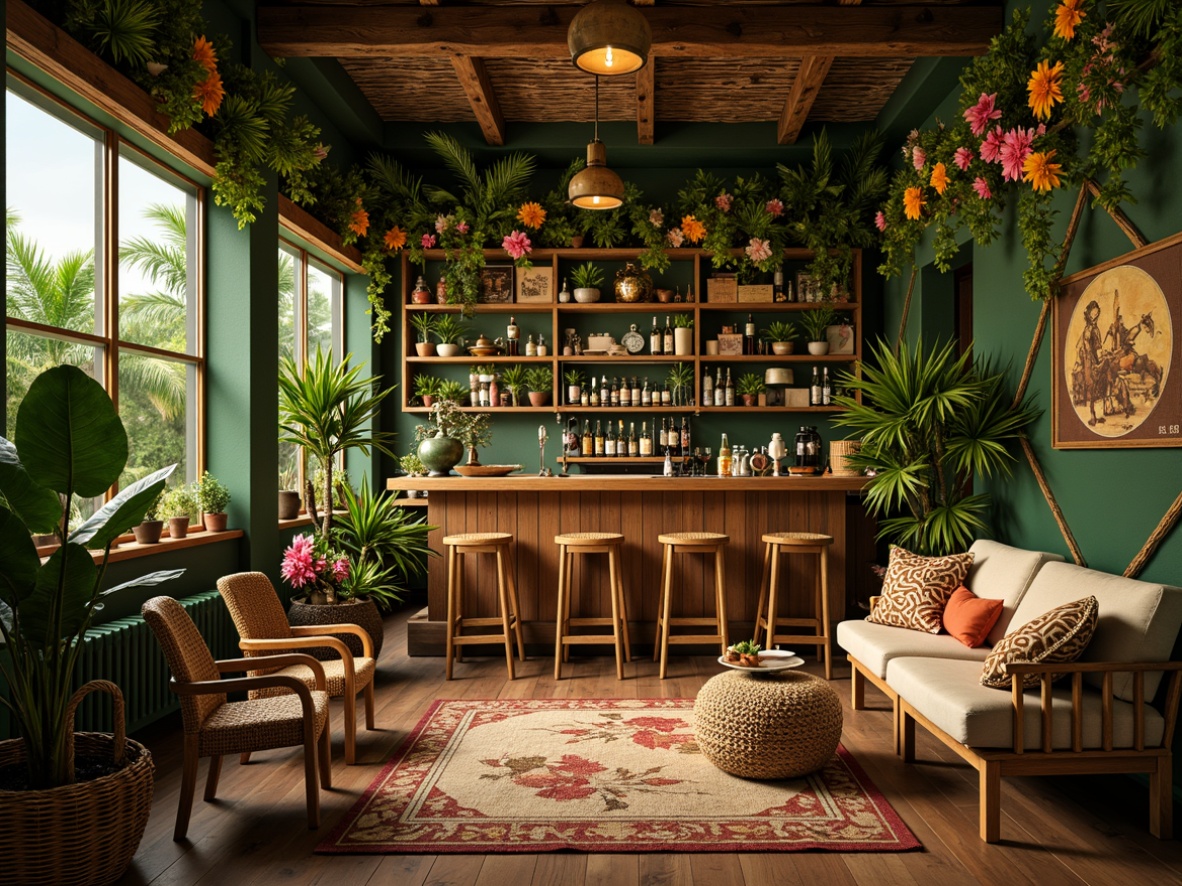 Prompt: Vibrant tropical bar, lush green walls, exotic floral arrangements, rattan furniture, woven bamboo accents, colorful tiki masks, vintage nautical elements, distressed wood textures, natural fiber rugs, eclectic decorative artifacts, warm golden lighting, soft focus background, 1/2 composition, shallow depth of field, cinematic atmosphere.