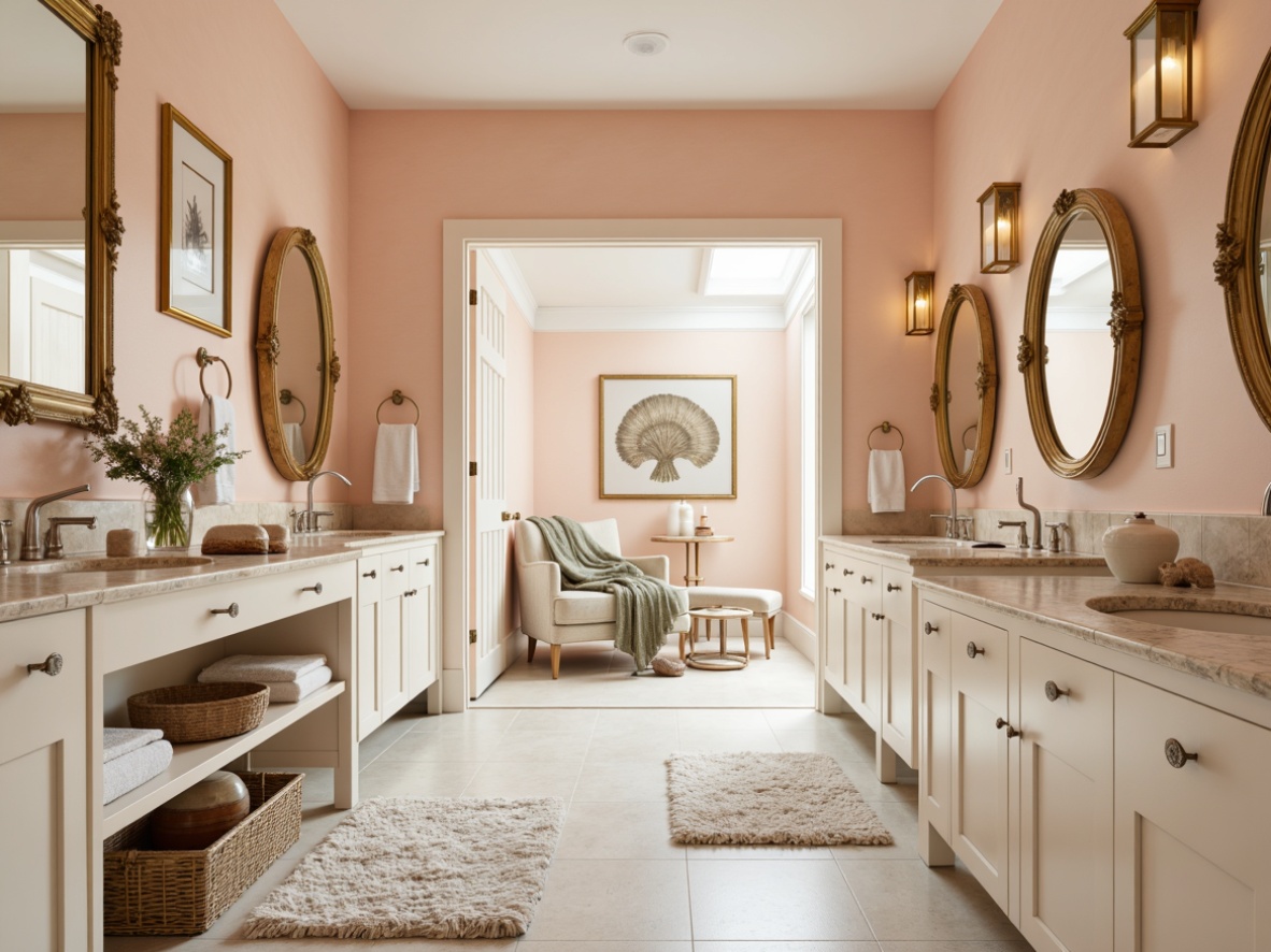 Prompt: Soft peach walls, elegant golden fixtures, ornate mirrors, plush area rugs, coastal-themed artwork, seashell decor, driftwood accents, creamy white cabinets, quartz countertops, chrome hardware, spa-like ambiance, calming natural light, soft focus photography, 1/2 composition, warm beige tones, luxurious textiles, subtle ocean-inspired patterns.