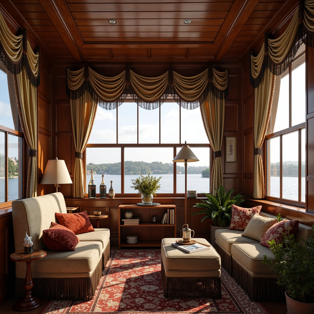 Prompt: Elegant boathouse, Victorian-era inspired interiors, ornate wooden accents, plush velvet drapes, tasseled curtains, floral patterns, lace trimmings, vintage nautical decor, distressed wood paneling, soft warm lighting, layered window treatments, flowing silk fabrics, natural linen shades, billowy valances, intricate cornice details, rich jewel-toned colors, opulent furnishings, scenic waterfront views, sunny afternoon, soft focus, 1/2 composition, intimate atmosphere, realistic textures.