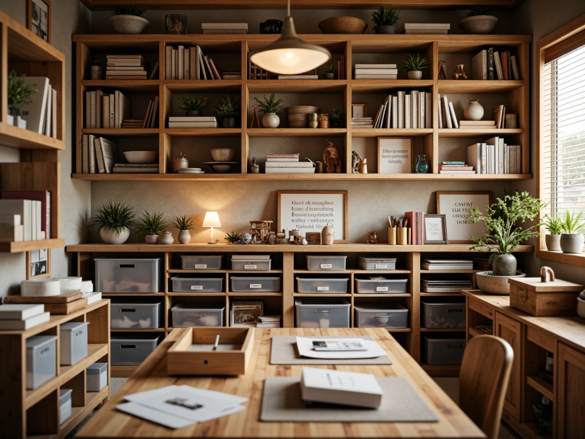 Prompt: Organized craft room, wooden shelves, transparent storage bins, labeled compartments, ergonomic workstations, task lighting, inspirational quotes, natural wood textures, earthy color palette, cozy atmosphere, soft warm lighting, shallow depth of field, 1/2 composition, realistic rendering, ambient occlusion.