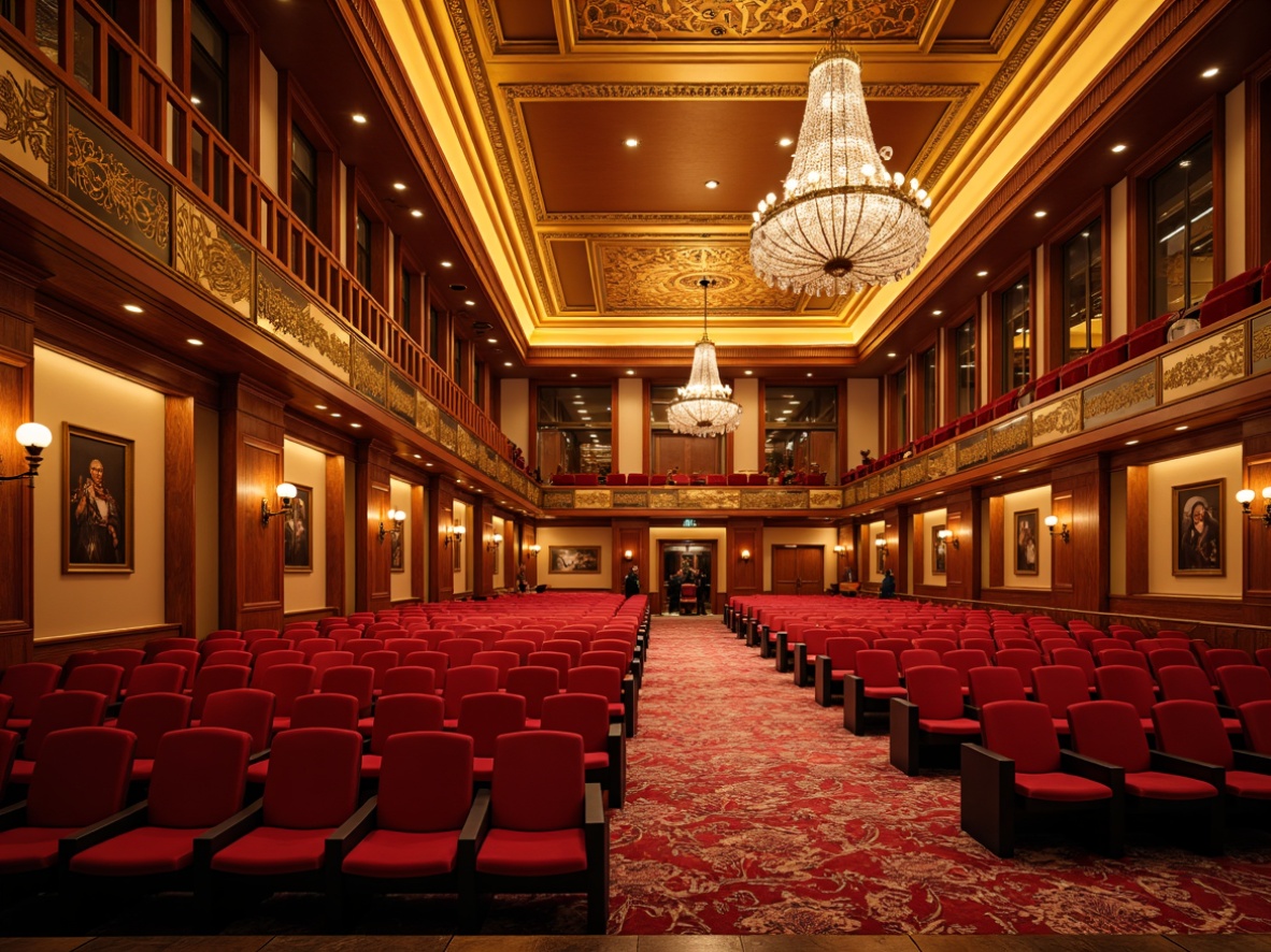 Prompt: Vibrant auditorium interior, warm golden lighting, rich wood tones, plush red velvet seats, polished bronze accents, grandiose chandeliers, luxurious carpets, intricate moldings, ornate details, sophisticated ambiance, dramatic spotlighting, high-contrast color scheme, bold geometric patterns, energetic atmosphere, lively acoustic performances, dynamic stage presence.