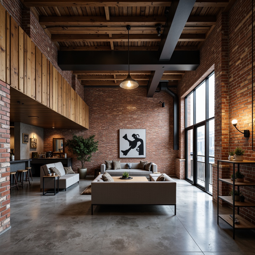 Prompt: Exposed brick walls, rough-hewn wooden planks, polished concrete floors, metallic accents, reclaimed wood beams, distressed finishes, urban loft atmosphere, industrial chic decor, Edison bulb lighting, minimalist furniture, functional metal shelves, exposed ductwork, raw concrete textures, matte black steel frames, neutral color palette, dramatic high ceilings, open-plan layout, atmospheric dim lighting, 1/2 composition, gritty realistic textures.