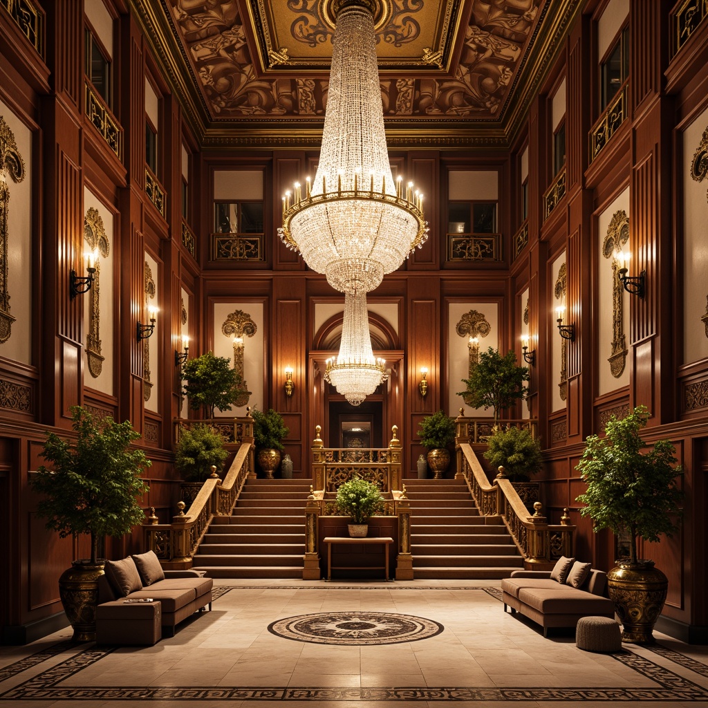 Prompt: Ornate chandeliers, crystal droplets, golden accents, luxurious fabrics, rich wood tones, intricate carvings, grand ballrooms, high ceilings, elegant staircases, marble floors, ornamental mirrors, lavish furnishings, soft warm glow, dramatic shadowing, 1/1 composition, symmetrical framing, realistic reflections, ambient occlusion.