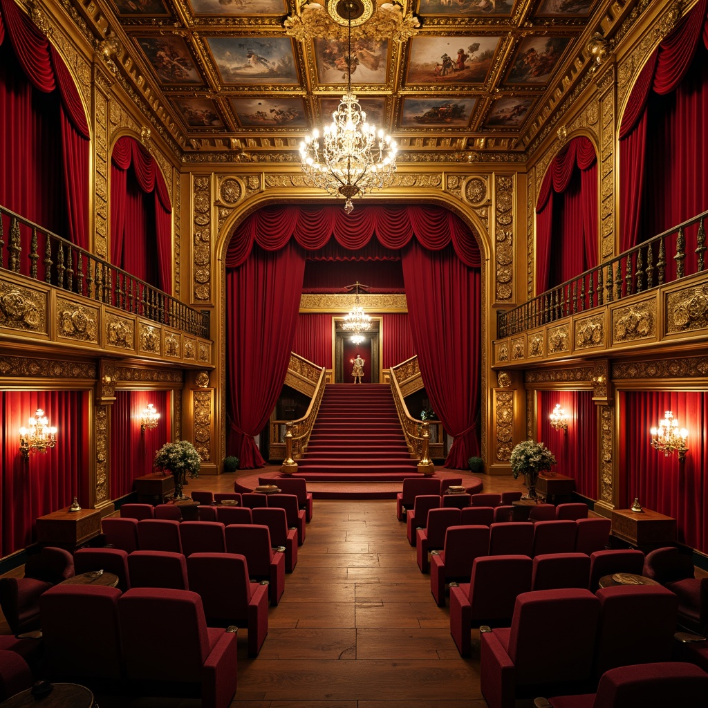 Prompt: \Opulent theater baroque interior, rich velvet curtains, gilded ornate mirrors, intricate carvings, lavish chandeliers, crimson red walls, golden accents, ornamental frescoes, grand staircase, majestic archways, luxurious upholstered seats, dramatic spotlights, warm candlelight, soft diffused shadows, 1/1 composition, low-angle shot, cinematic atmosphere, realistic reflections, detailed textures.\