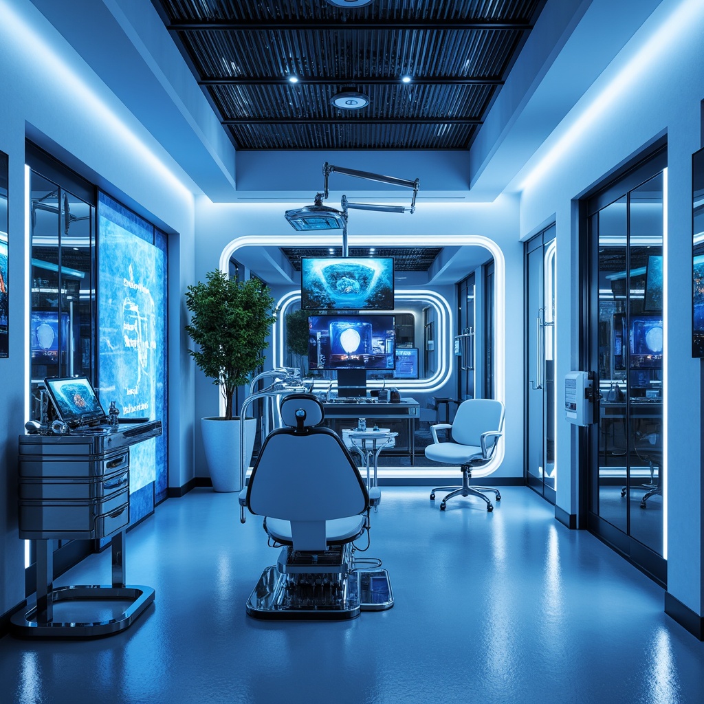 Prompt: Neon-lit dental clinic, futuristic interior design, metallic accents, glowing blue lights, sleek white surfaces, high-tech equipment, minimalist decor, chrome finishes, holographic displays, LED ambient lighting, iridescent color scheme, glass partitions, polished concrete floors, modern ergonomic furniture, sterile atmosphere, precision instruments, 3D printed models, virtual reality headsets, soft focus photography, shallow depth of field, 2/3 composition, cinematic lighting, advanced dental technology.