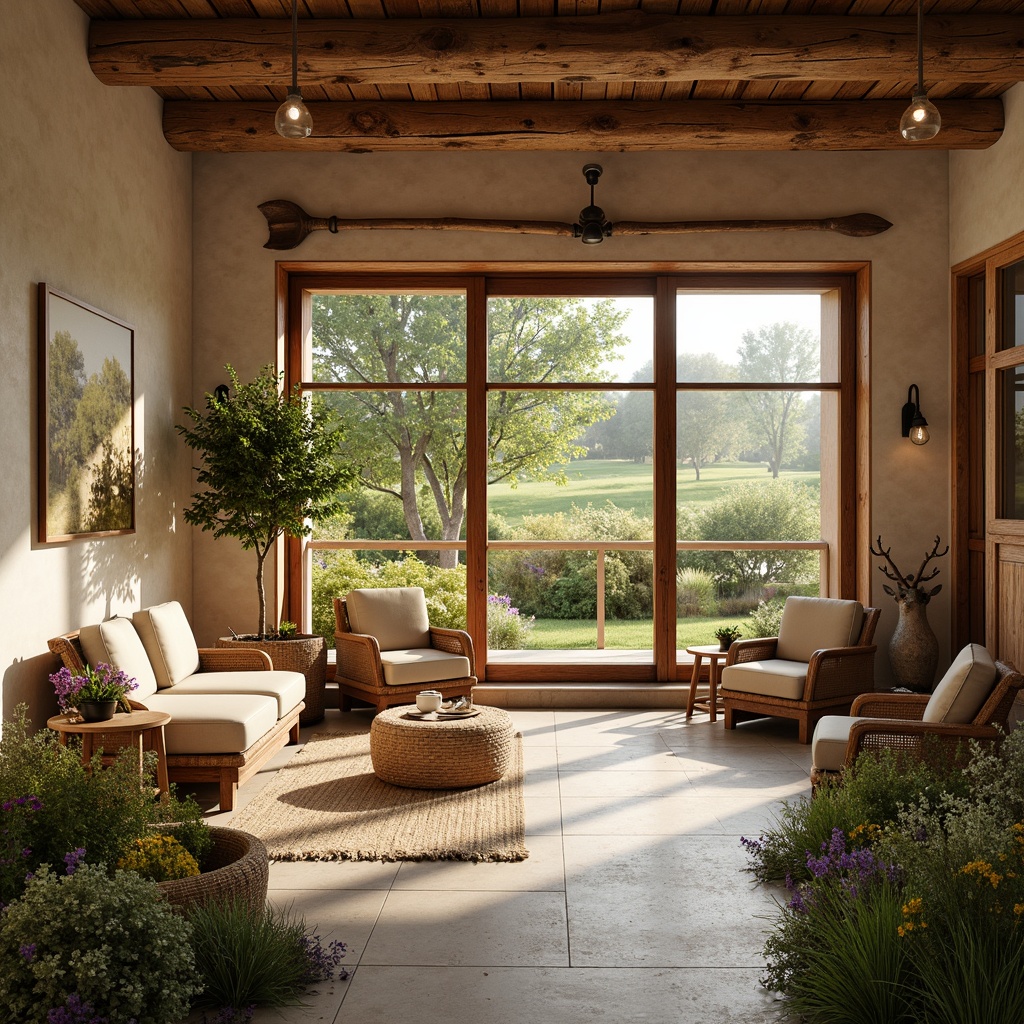 Prompt: Rustic cultural center, farmhouse style, earthy color palette, warm beige walls, rich wood accents, natural stone floors, vintage farming tools, woven textiles, cozy reading nooks, large windows, soft warm lighting, blooming wildflowers, lush greenery, sunny day, shallow depth of field, 3/4 composition, panoramic view, realistic textures, ambient occlusion.