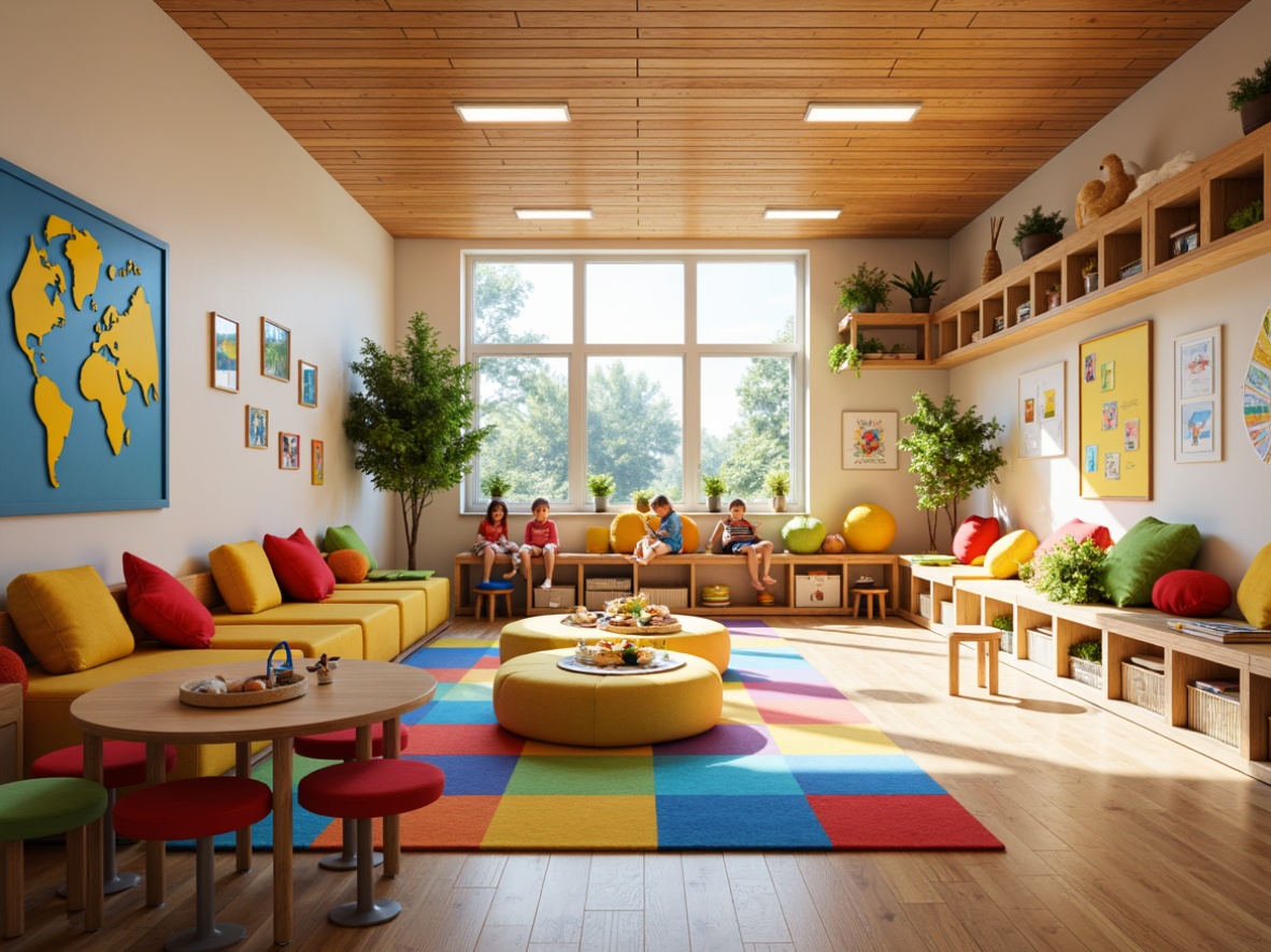 Prompt: Vibrant kindergarten interior, bright color accents, playful furniture, rounded shapes, soft cushions, educational wall decals, interactive displays, cozy reading nooks, natural wood tones, bold geometric patterns, whimsical illustrations, oversized alphabet letters, colorful rugs, circular tables, ergonomic chairs, abundant natural light, warm gentle lighting, shallow depth of field, 1/1 composition, realistic textures, ambient occlusion.