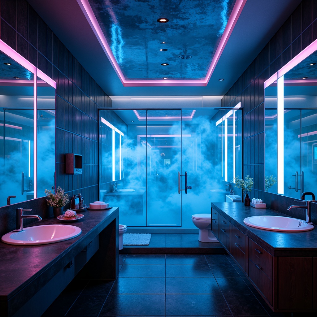 Prompt: Futuristic bathroom, neon-lit mirrors, LED strip lights, glowing sink basins, chrome faucets, sleek glass showers, misty atmospheric effects, soft blue ambiance, high-contrast lighting, dramatic shadows, modern minimalist decor, geometric patterns, metallic accents, iridescent tiles, holographic displays, virtual reality interfaces, ambient futuristic soundtrack, shallow depth of field, 1/1 composition, cinematic lighting, realistic reflections.