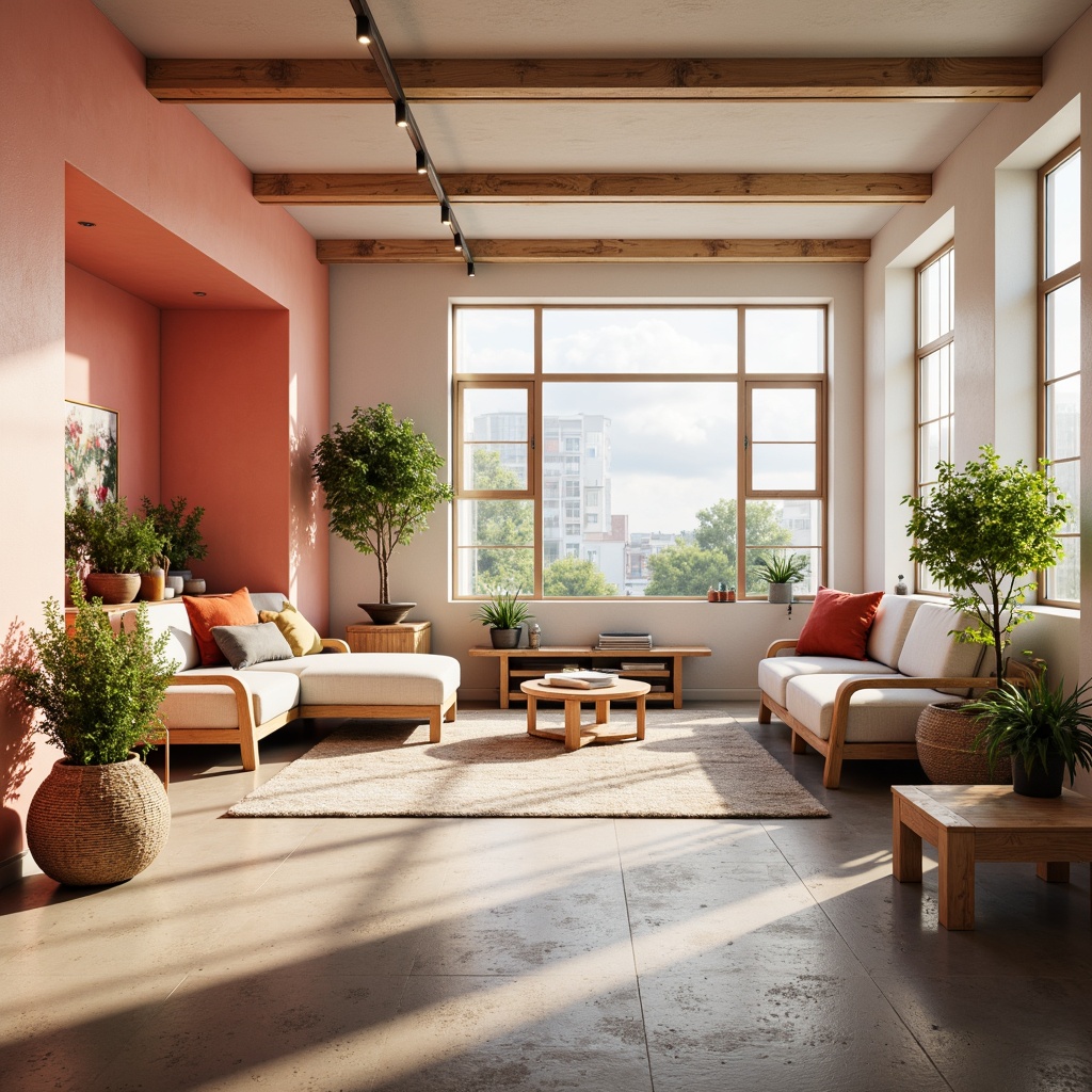 Prompt: Vibrant design studio, modern color palette, pastel hues, soft peach tones, creamy whites, rich charcoal grays, bold coral accents, metallic gold details, natural wood textures, sleek minimalist furniture, abundant greenery, large windows, warm sunny lighting, shallow depth of field, 1/1 composition, realistic renderings, ambient occlusion.