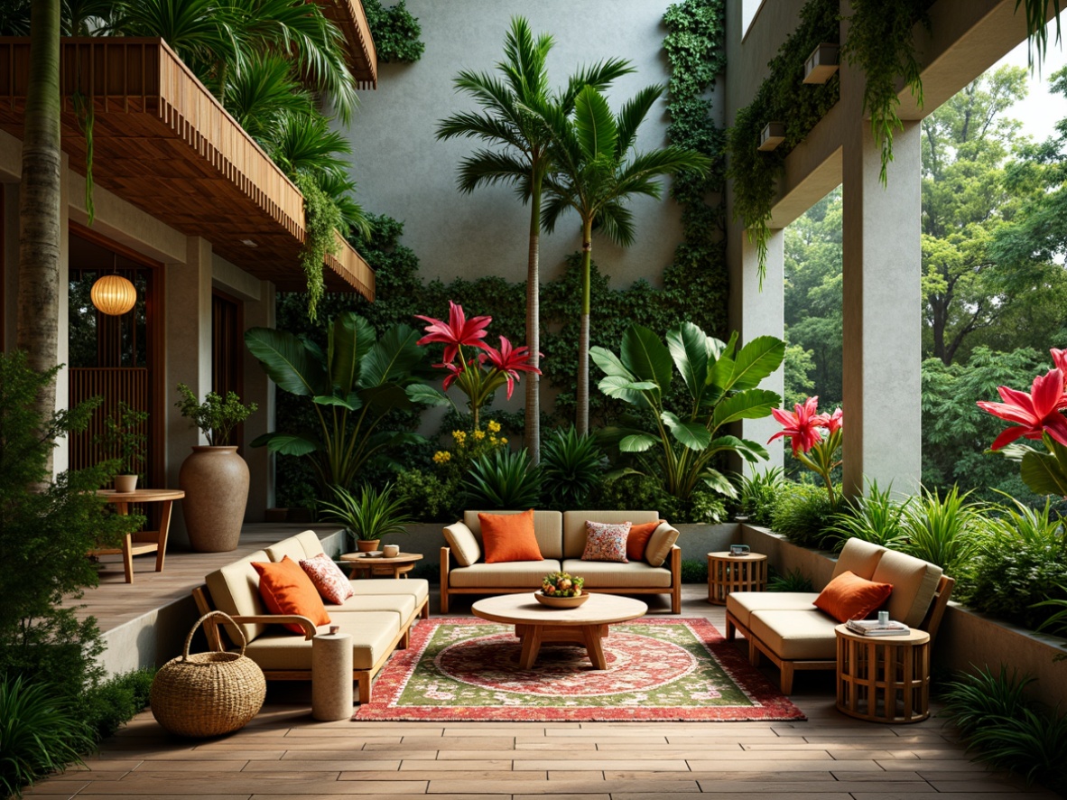 Prompt: Vibrant tropical interior, lush greenery, exotic palm trees, colorful hibiscus flowers, rattan furniture, natural woven textiles, warm wooden accents, earthy tone ceramics, jungle-inspired wallpaper, large leaf patterns, bold color schemes, soft diffused lighting, shallow depth of field, 1/2 composition, realistic plant textures, ambient occlusion.