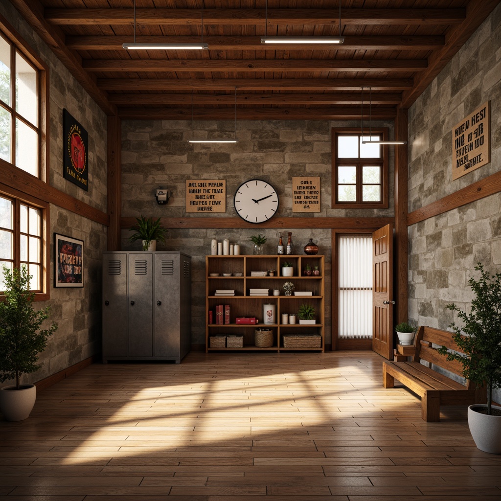 Prompt: Rustic wood paneling, natural stone walls, earthy tone colors, wooden beams, distressed wood accents, vintage sports equipment, traditional gym fixtures, classic metal lockers, motivational quotes, warm ambient lighting, soft shadows, 1/2 composition, realistic textures, subtle grain effect.