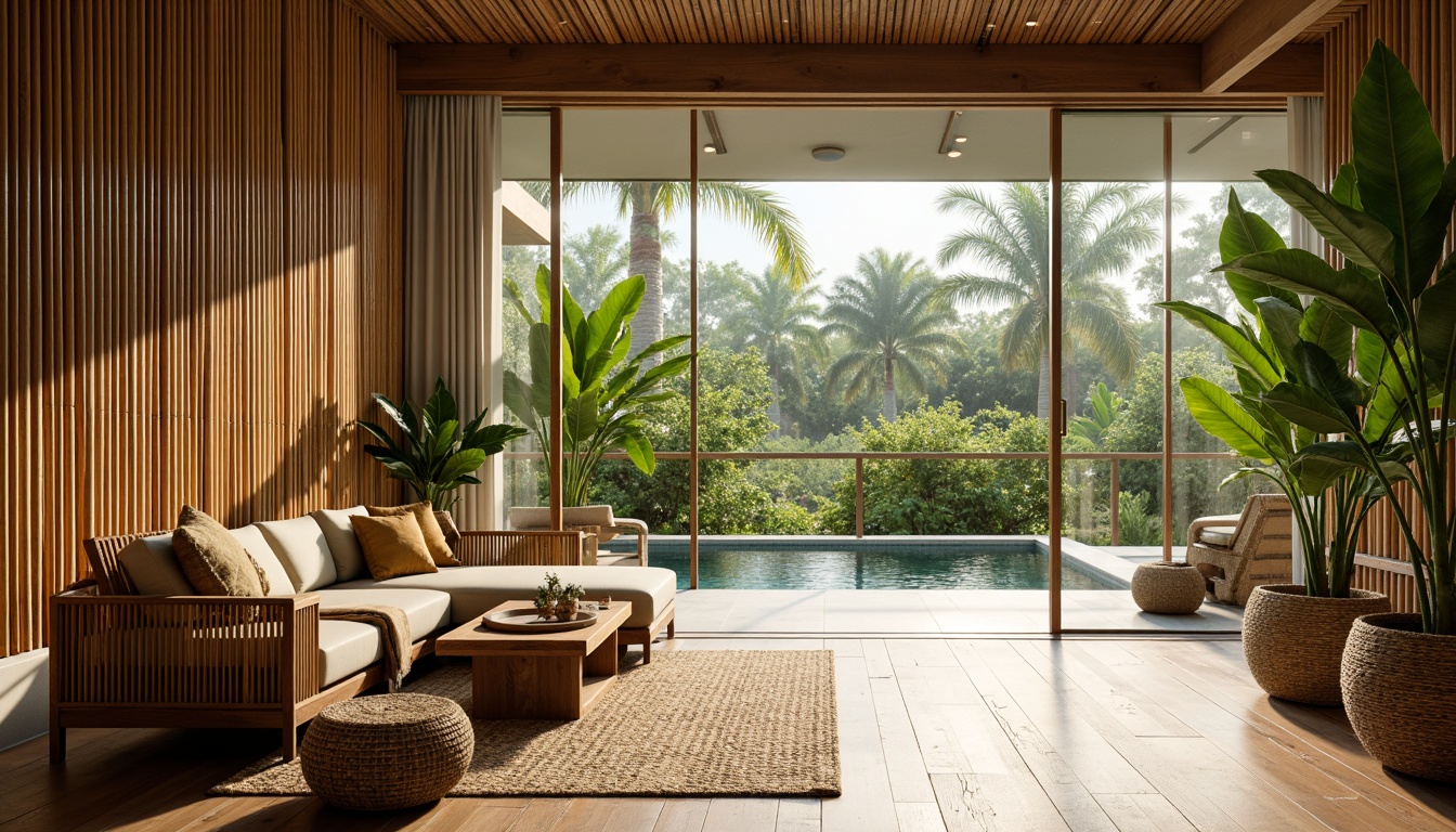 Prompt: Sustainable eco-friendly building, natural bamboo accents, organic textures, earthy tones, minimalist decor, serene ambiance, abundant natural light, floor-to-ceiling windows, sliding glass doors, bamboo flooring, woven bamboo furniture, lush greenery, tropical plants, peaceful atmosphere, warm soft lighting, shallow depth of field, 3/4 composition, realistic rendering, ambient occlusion.