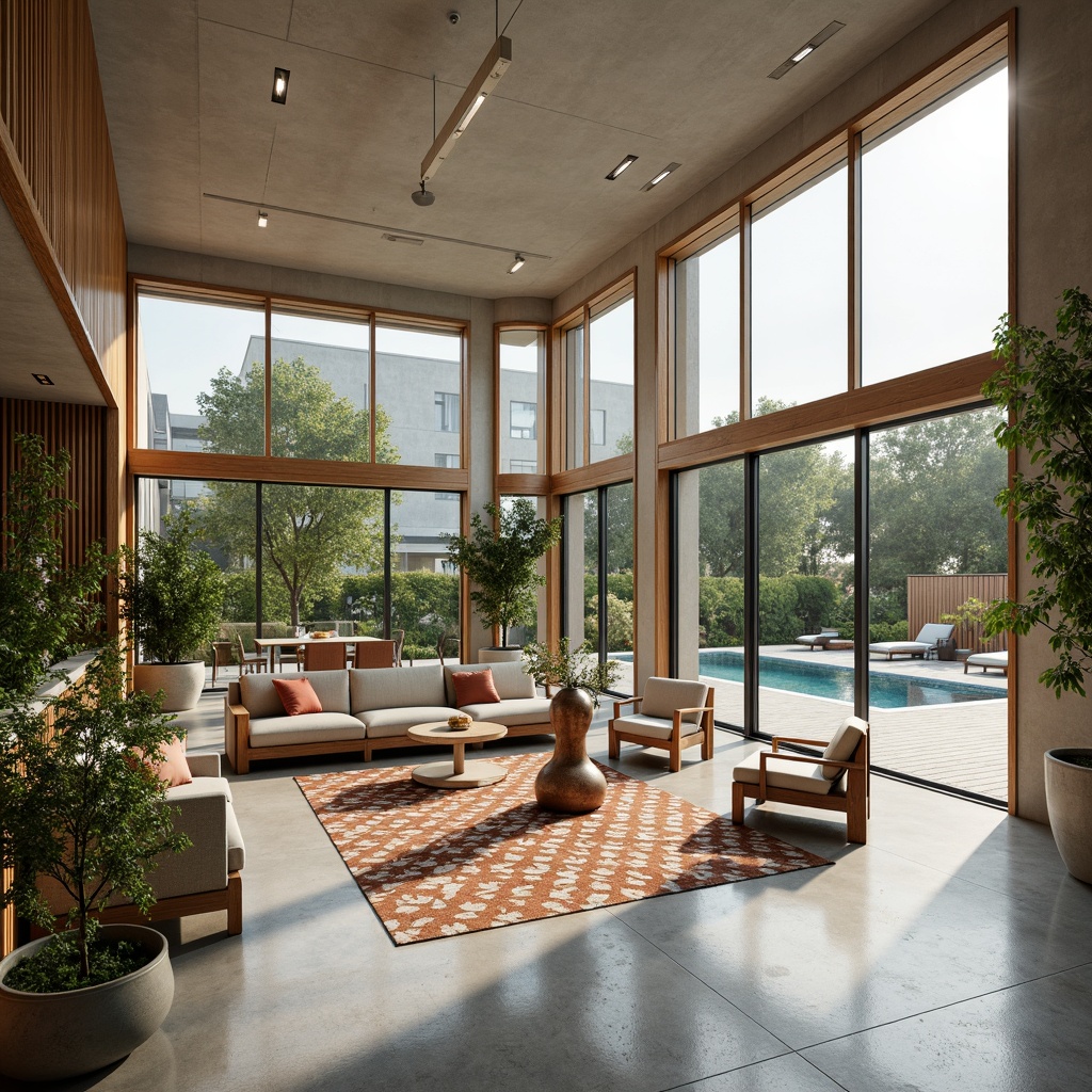 Prompt: Spacious open-plan living area, mid-century modern aesthetic, large windows, sliding glass doors, natural light pouring in, polished concrete floors, wooden accents, minimalist decor, sleek low-profile furniture, vibrant greenery, potted plants, geometric patterned rugs, organic-shaped sculptures, warm neutral color palette, subtle texture contrasts, shallow depth of field, 2/3 composition, soft box lighting, realistic reflections.