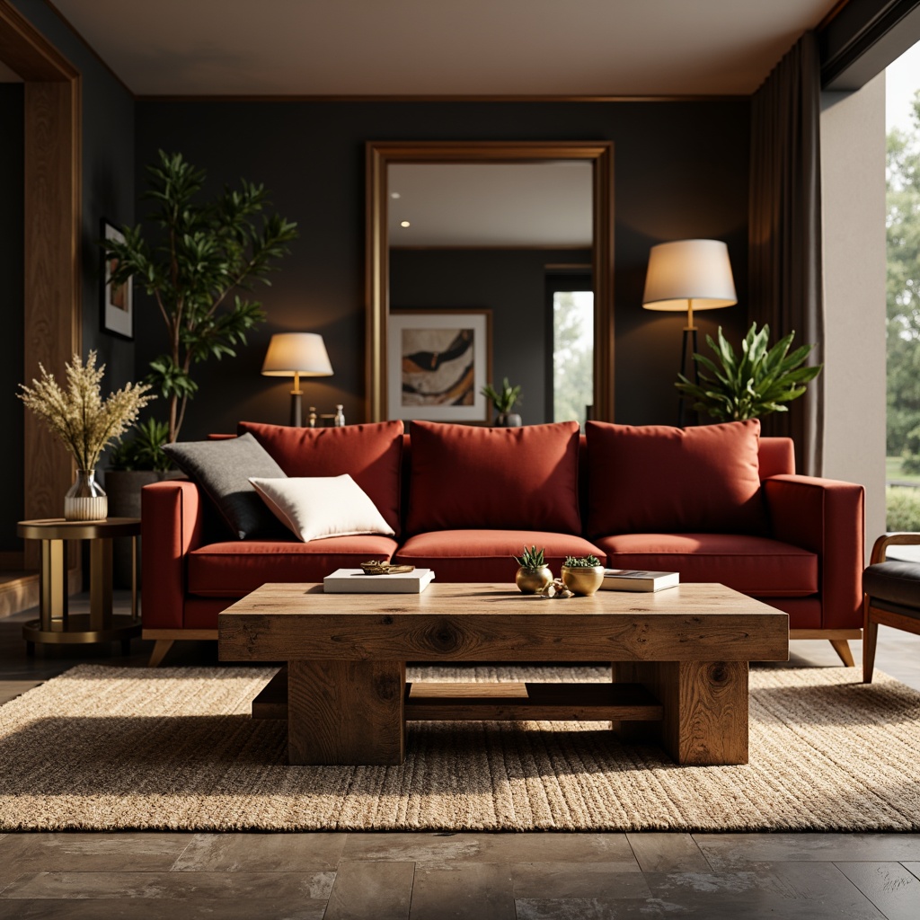 Prompt: Luxurious living room, rich velvet sofa, reclaimed wood coffee table, metallic gold accents, natural stone flooring, woven jute rug, plush throw pillows, warm ambient lighting, 1/2 composition, shallow depth of field, soft focus effect, realistic textures, subtle normal mapping.