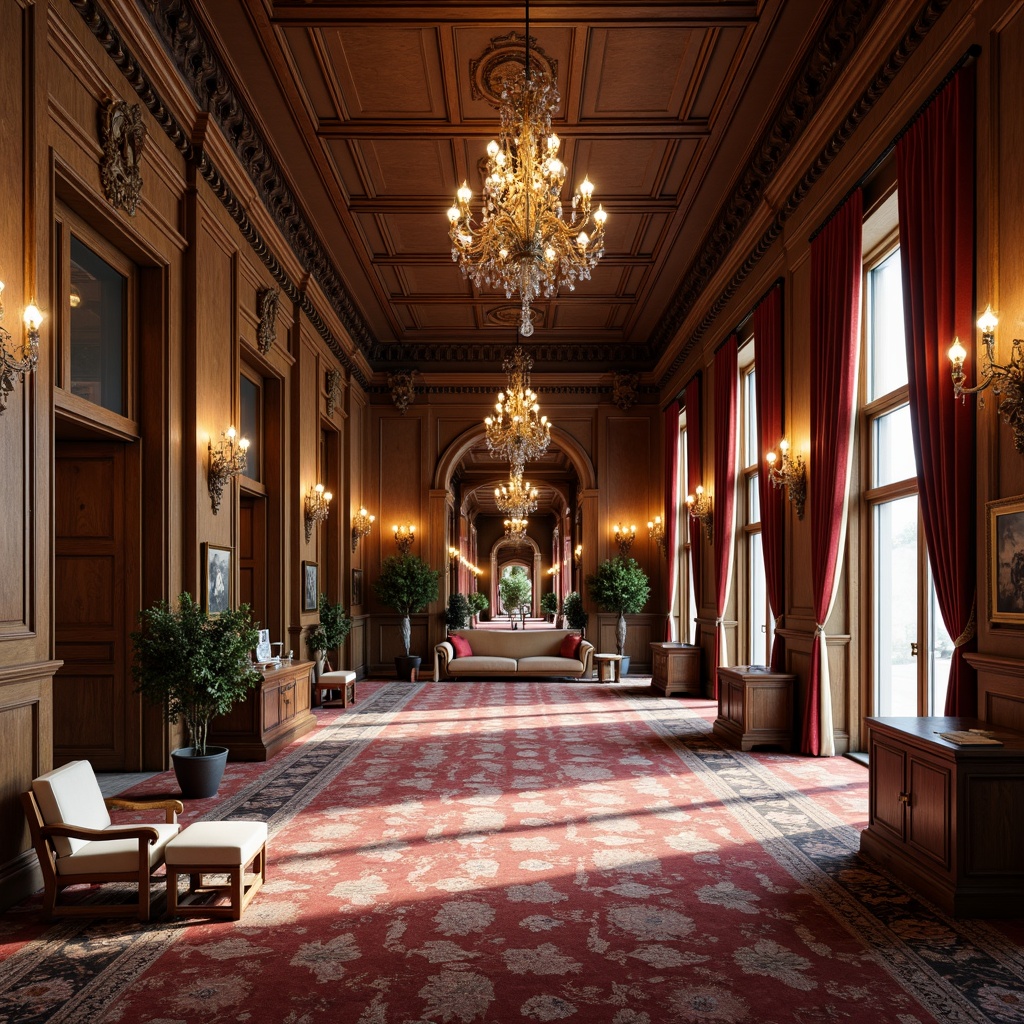 Prompt: Elegant hall interior, luxurious furnishings, refined woodwork, intricate carvings, ornate metalwork, lavish chandeliers, plush carpets, rich textiles, velvet drapes, classic architectural details, warm ambient lighting, shallow depth of field, 1/1 composition, realistic reflections, detailed normal maps, natural material textures, atmospheric fog effects.