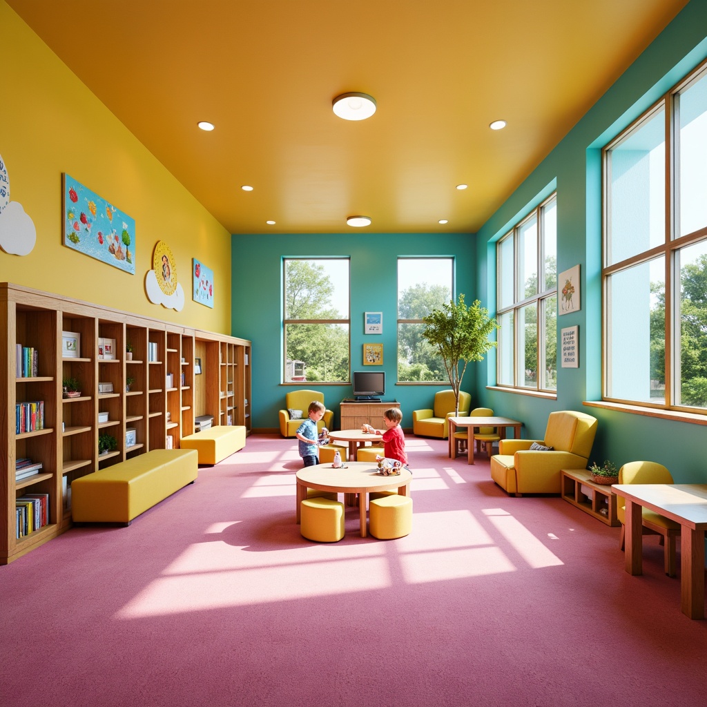 Prompt: Vibrant kindergarten interior, playful color accents, bright yellow furniture, soft pink carpets, turquoise wall decals, whimsical mural paintings, wooden play structures, cozy reading nooks, natural light pouring in, large windows, circular tables, ergonomic chairs, educational wall displays, interactive whiteboards, stimulating textures, cheerful atmosphere, shallow depth of field, 1/1 composition, warm and inviting lighting, realistic renderings.