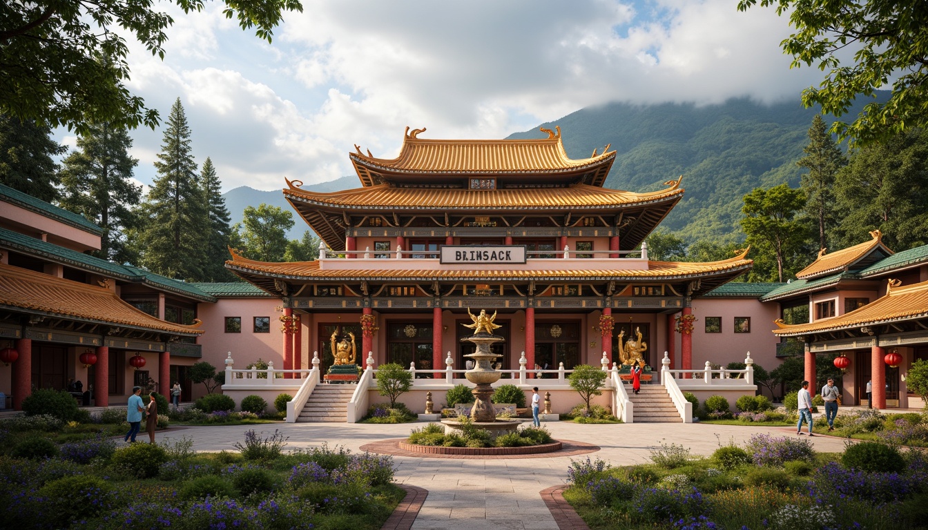 Prompt: Vibrant temple architecture, traditional pagoda roofs, golden Buddha statues, intricate wood carvings, red lanterns, vermilion columns, creamy stucco walls, emerald green tile roofs, majestic dragons, phoenix motifs, auspicious clouds, serene natural surroundings, misty mountains, tranquil gardens, soft warm lighting, shallow depth of field, 1/2 composition, intimate atmospheric perspective.