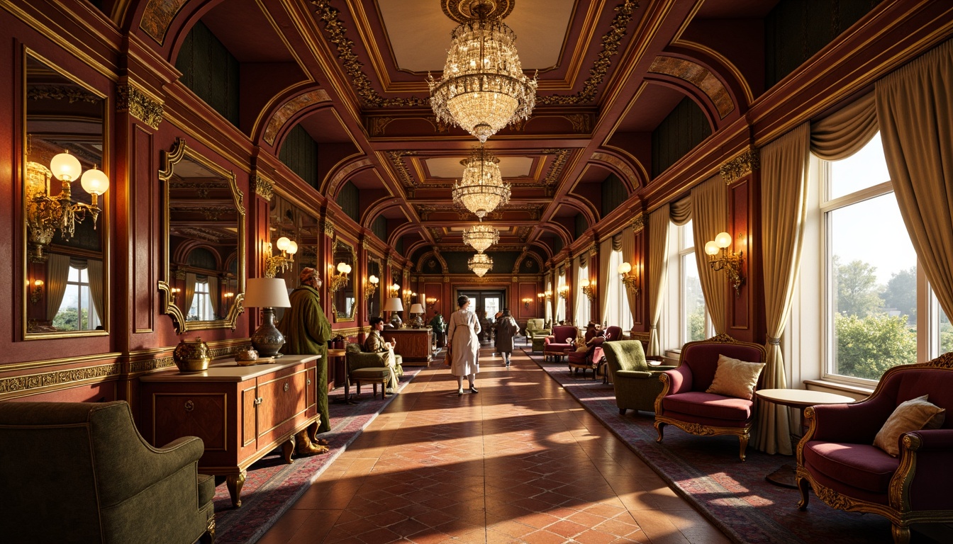 Prompt: Ornate train station, grandiose architecture, luxurious furnishings, curved lines, intricate carvings, gilded details, velvet upholstery, crystal chandeliers, marble floors, ornamental mirrors, lavish textiles, rich patterns, baroque-inspired decor, warm golden lighting, shallow depth of field, 1/1 composition, realistic renderings, ambient occlusion.