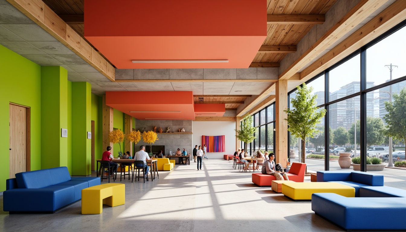 Prompt: Vibrant youth center, energetic atmosphere, bright coral walls, lime green accents, bold blue furniture, playful yellow decorations, natural wood textures, modern architecture, large windows, transparent glass doors, urban cityscape, afternoon sunlight, soft warm lighting, shallow depth of field, 1/1 composition, realistic materials, ambient occlusion.