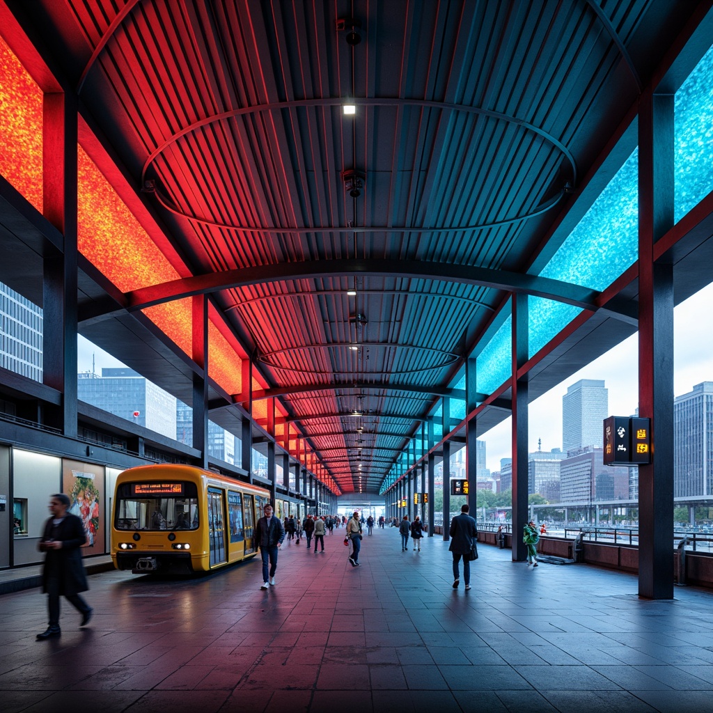 Prompt: Vibrant metro station interior, modern architecture, bright LED lighting, sleek metal surfaces, bold primary colors, contrasting secondary hues, urban cityscape views, rush hour crowd scenes, dynamic angular lines, geometric patterned tiles, durable industrial materials, functional signage systems, wayfinding graphics, energetic atmosphere, 1/1 composition, high-contrast color scheme, futuristic ambiance.