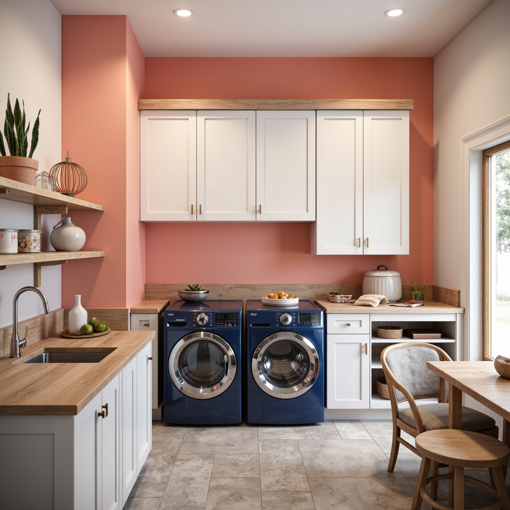 Prompt: Vibrant laundry room, pastel color accents, soft peach walls, crisp white cabinets, metallic silver hardware, bold navy blue appliances, bright coral countertops, natural stone flooring, modern minimalist decor, airy open space, abundant natural light, soft warm glow, shallow depth of field, 1/1 composition, realistic textures, ambient occlusion.