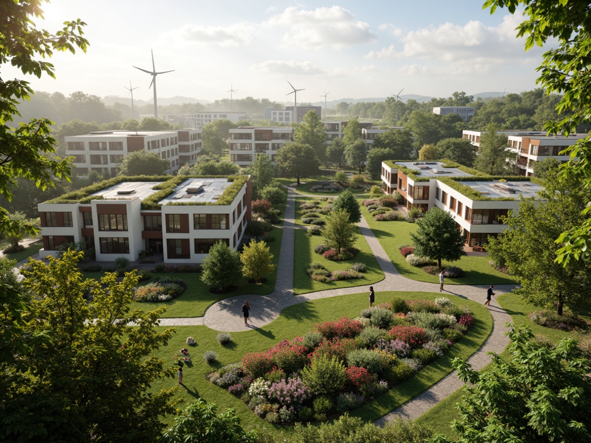 Prompt: Eco-friendly buildings, green roofs, solar panels, wind turbines, water conservation systems, recycled materials, natural ventilation systems, energy-efficient lighting, sustainable urban planning, vibrant greenery, blooming flowers, lush trees, serene outdoor spaces, warm natural light, soft shadows, 3/4 composition, panoramic view, realistic textures, ambient occlusion.