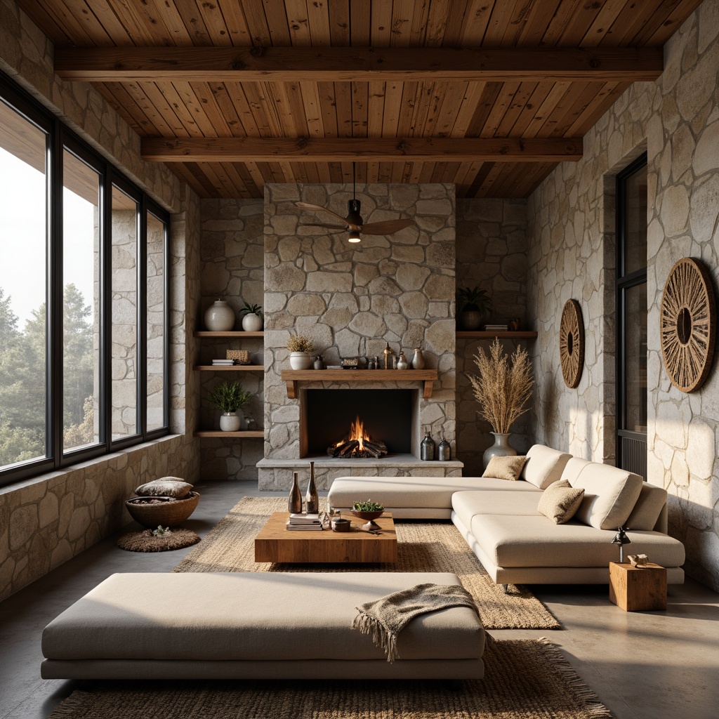 Prompt: Rustic wooden accents, natural stone walls, earthy color palette, modern minimalist furniture, industrial metal frames, reclaimed wood textures, vintage decorative items, cozy fireplaces, warm ambient lighting, shallow depth of field, 1/1 composition, soft focus effect, realistic wood grain details, atmospheric misting.