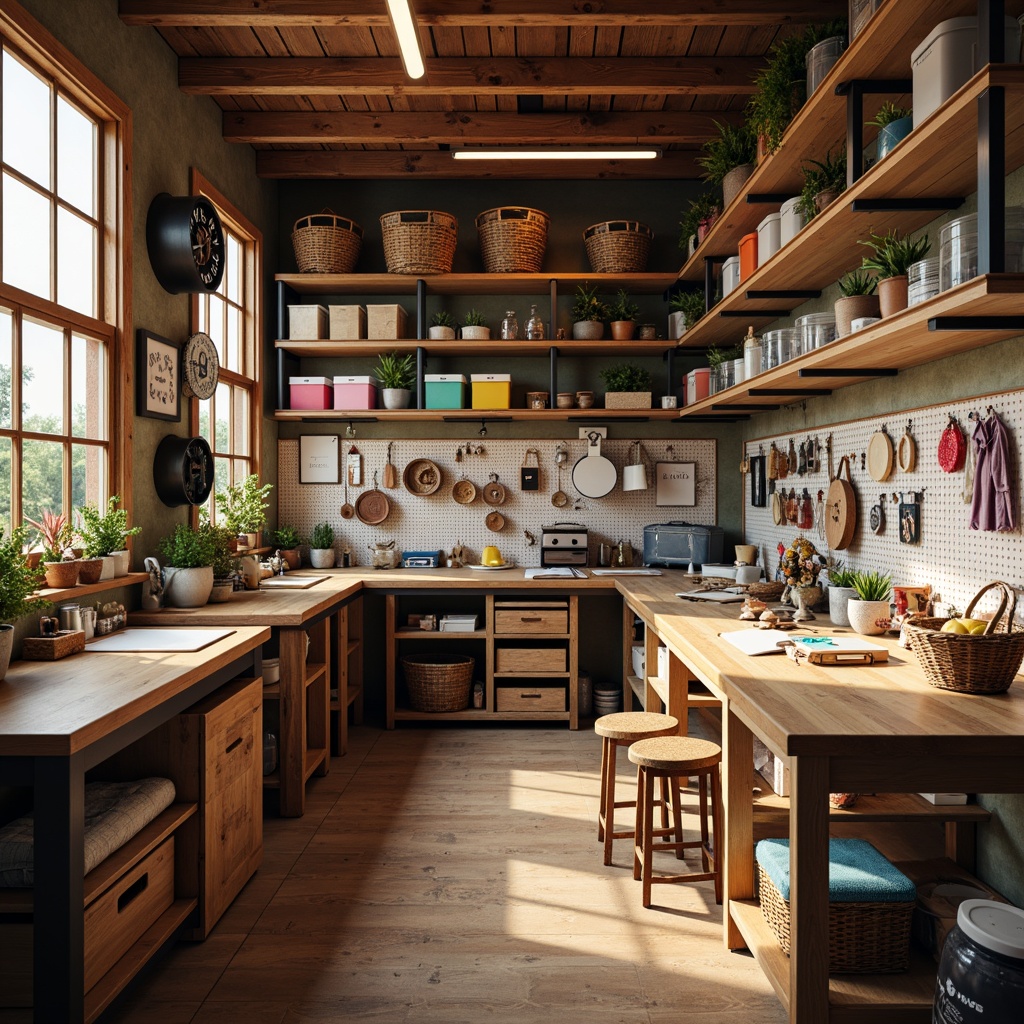 Prompt: Cozy craft room, wooden workbenches, pegboards, storage cabinets, colorful fabric bins, woven baskets, metal shelving units, rustic wooden crates, transparent plastic containers, labeled drawers, adjustable shelves, soft warm lighting, 1/2 composition, still life arrangement, realistic textures, subtle shadows.