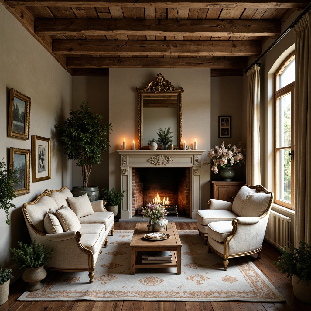 Prompt: Rustic French country estate, vintage distressed wood, soft plush fabrics, rich velvet drapes, intricate lace trimmings, elegant silk upholstery, natural linen textiles, subtle toile de Jouy patterns, classic Louis XVI furniture, ornate gold accents, warm candlelight, cozy fireplace, lush greenery, blooming florals, soft warm color palette, gentle natural lighting, shallow depth of field, 1/1 composition, realistic textures, ambient occlusion.