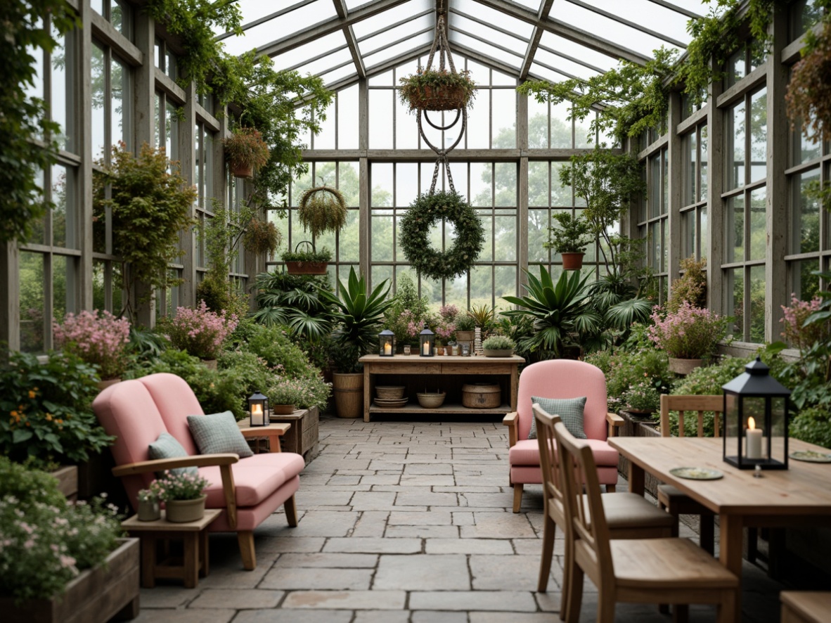 Prompt: Whimsical greenhouse interior, distressed wooden planters, vintage garden benches, soft pastel color palette, lush green foliage, delicate flower arrangements, antique metal lanterns, rustic wooden tables, plush velvet armchairs, ornate mirrors, natural stone flooring, warm candlelight, 1/2 composition, shallow depth of field, realistic textures, ambient occlusion.