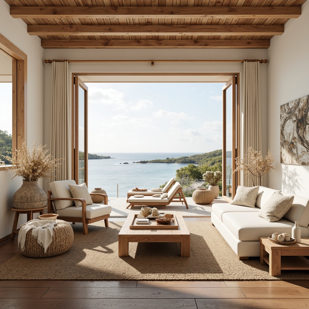 Prompt: Airy beachside villa, soft white walls, driftwood accents, natural woven fibers, calming ocean views, floor-to-ceiling windows, sliding glass doors, warm wooden floors, plush area rugs, creamy upholstery, shell-inspired decor, coral-hued accessories, ambient sunlight, gentle sea breeze, relaxed coastal vibe, 1/1 composition, warm color palette, soft focus, shallow depth of field.